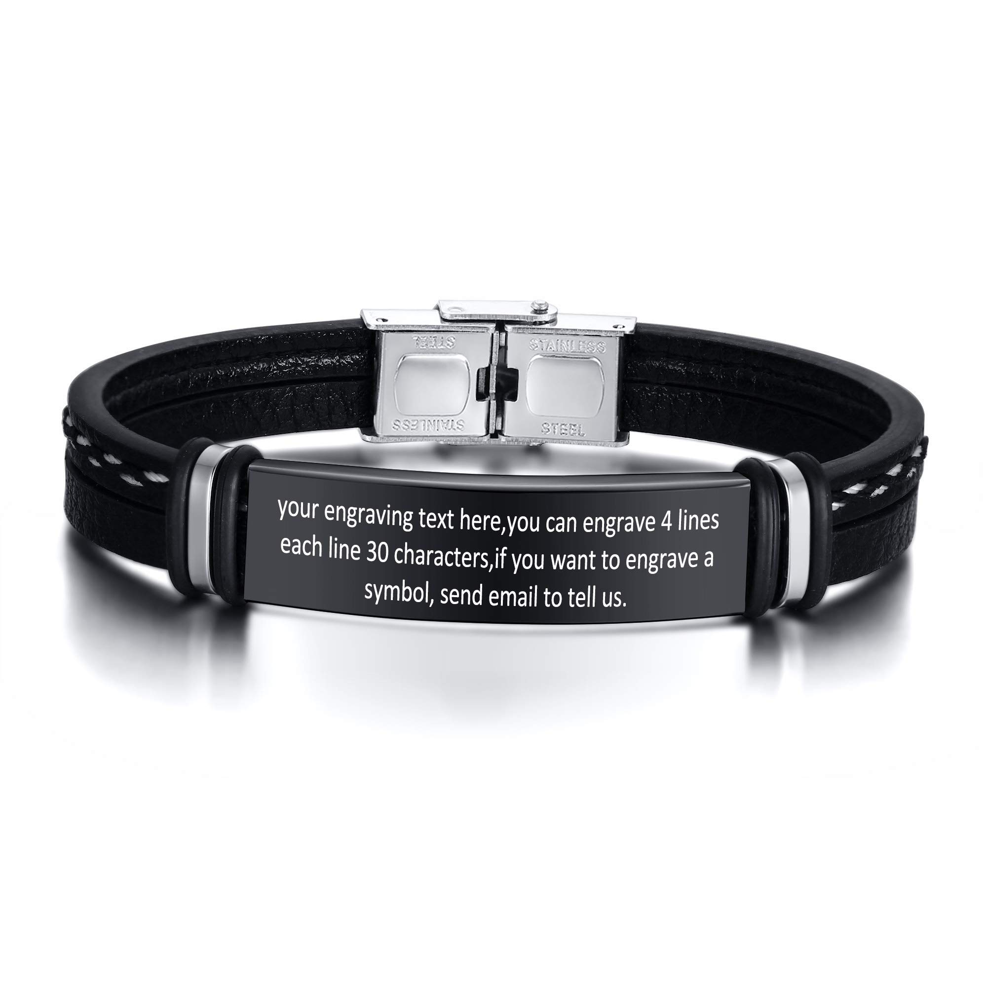 VNOXPapá/Hijo/Regalos de Amor Cita de Coraje inspiradora de Cuero Negro de Acero Inoxidable para Hombres Pulseras para Padre/Novio/Amor,Regalo de cumpleaños para el día del Padre,Idea para Hombres