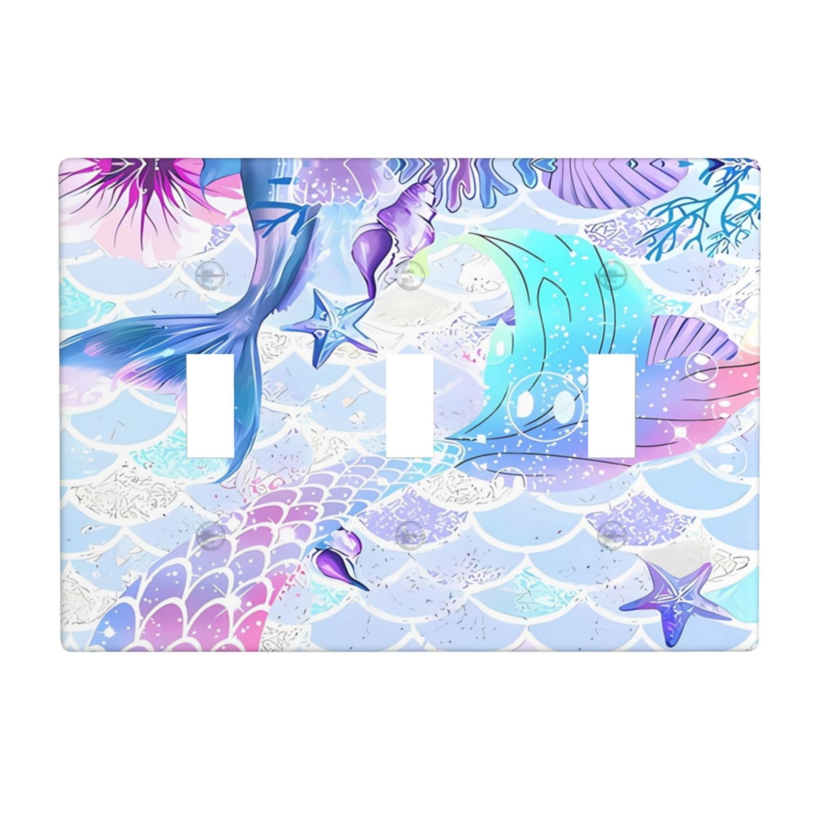 Mermaid Light Switch Cover Plates 3 Gang Triple Toggle Wall Plate Decorative Electrical Switchpalte Outlets Faceplate for Girl Bedroom Home Bathroom Decor 6.4" x 4.5"