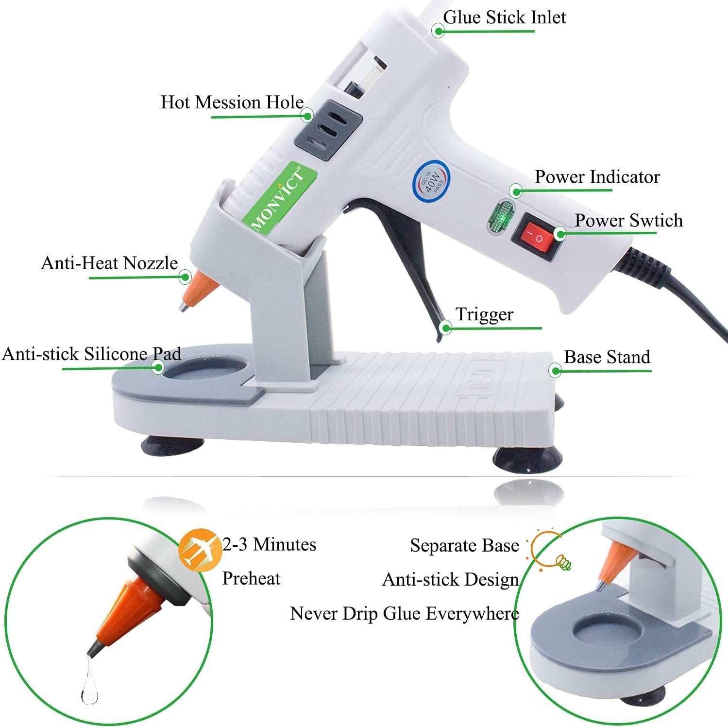 MONVICT MC-808/809 Hot Glue Guns with Stand & Safe, Precision Nozzle, Anti-Drip Technology, Dual Power Fast Heating