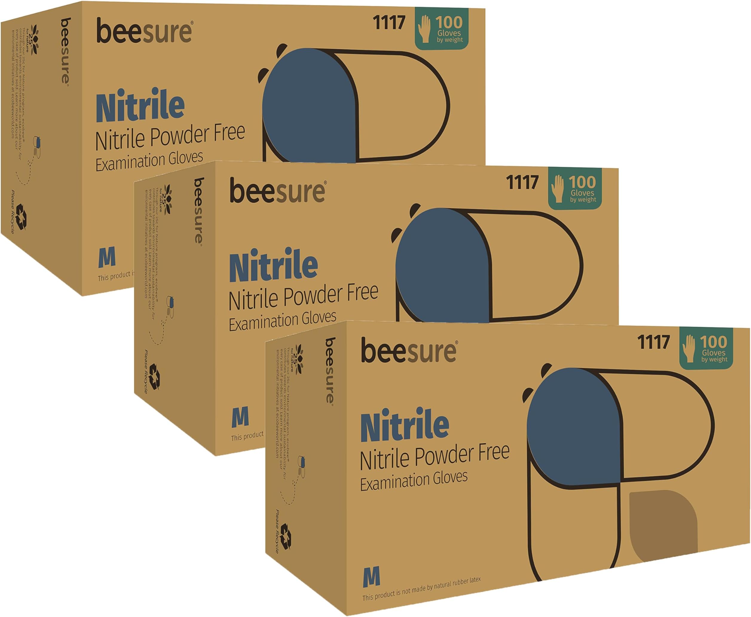 BeeSure BE1117 Nitrile Powder Free Exam Gloves, Medium (Pack of 300),Strips