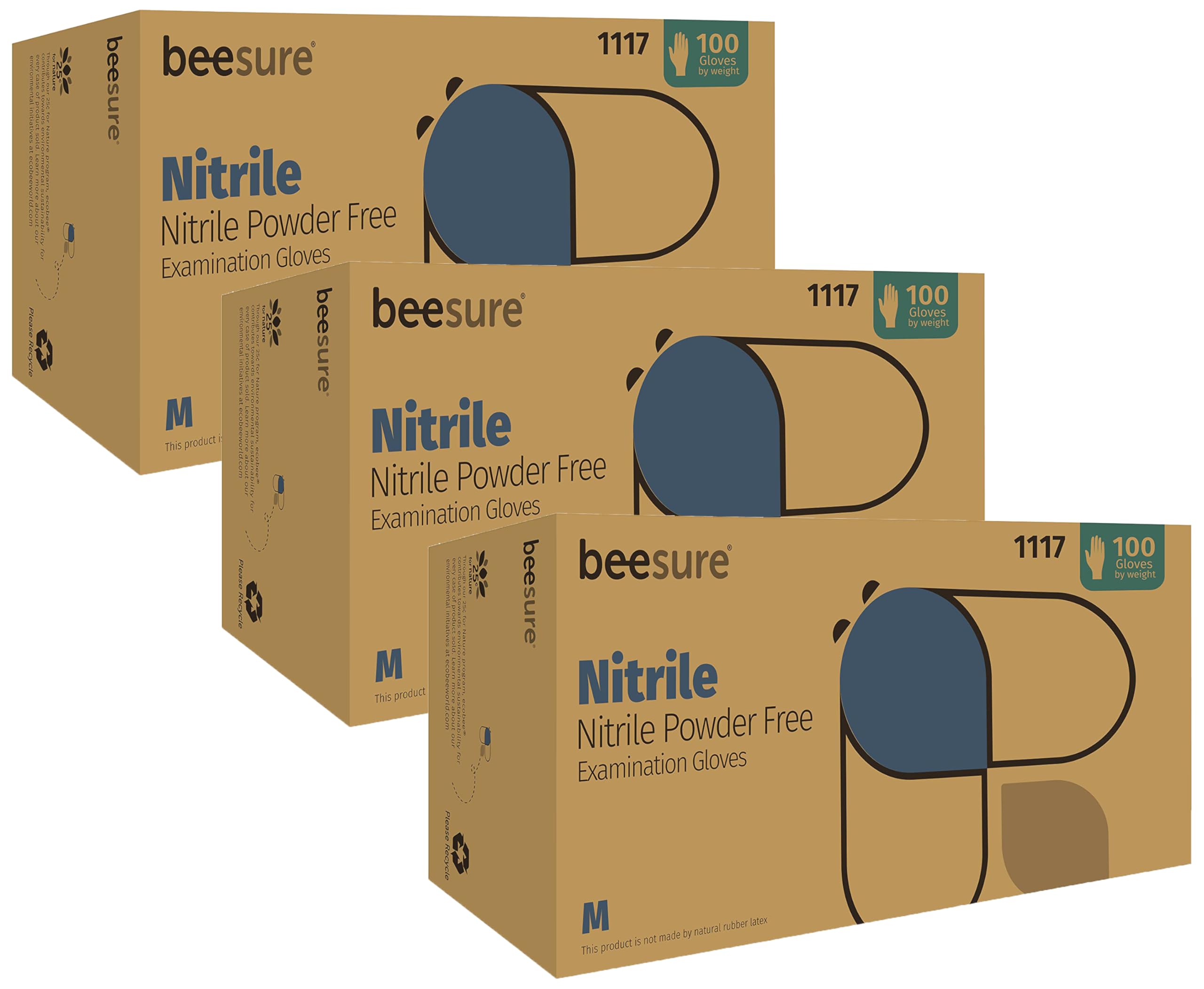 BeeSure BE1117 Nitrile Powder Free Exam Gloves, Medium (Pack of 300),Strips