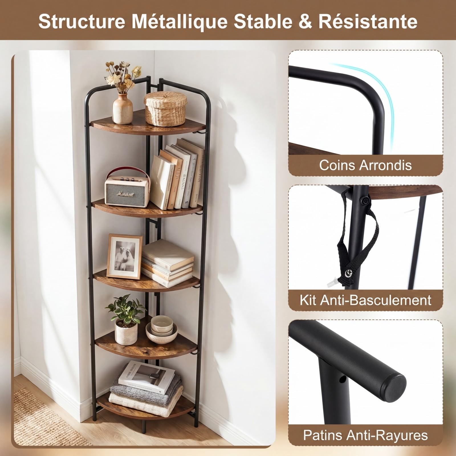 COSTWAY Bibliothèque d'angle à 5 Niveaux Pliable avec Cadre Métallique