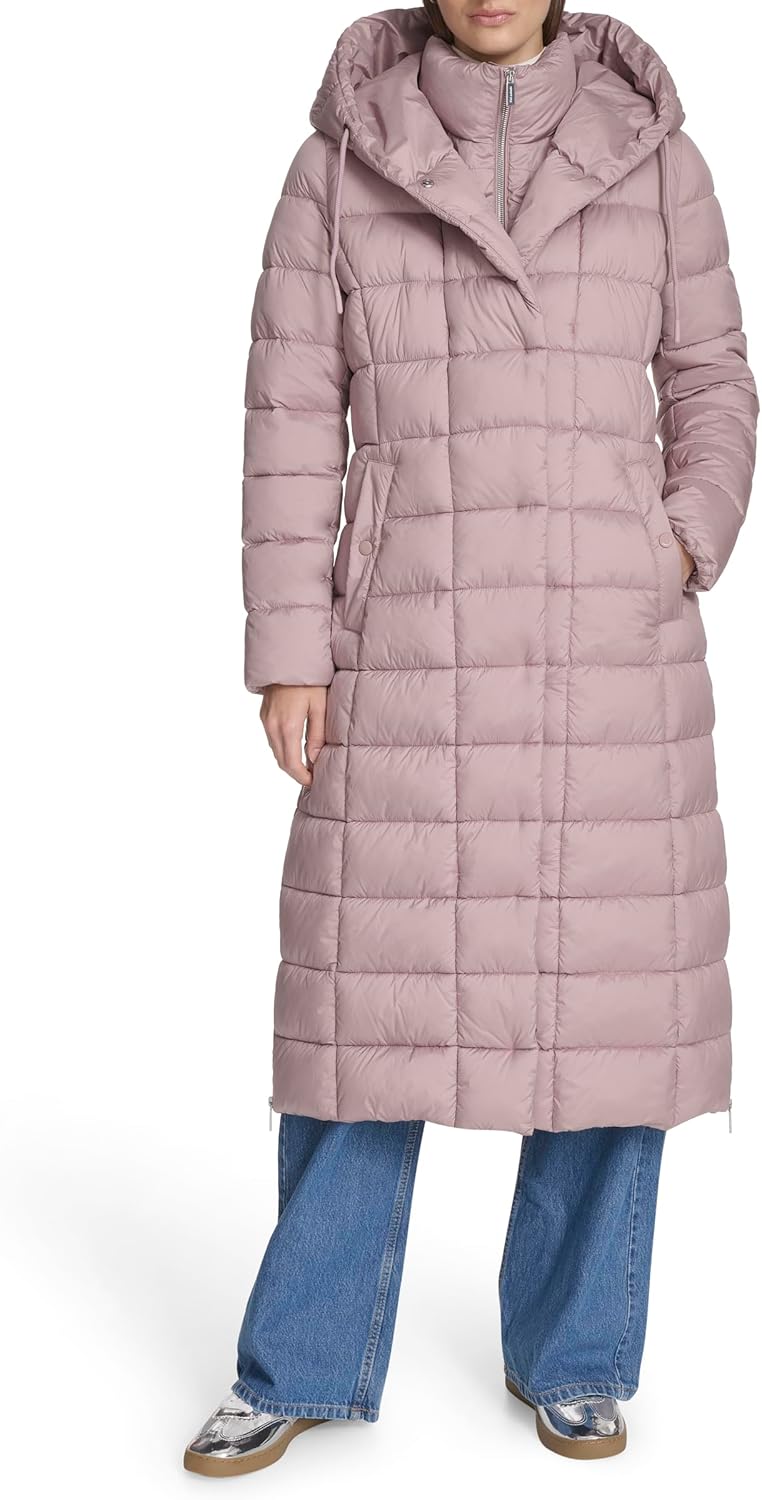 Kenneth Cole womens Channel Quilted Long Puffer With Inner Bib & Attached Hood, Side Vent Details - Image 2