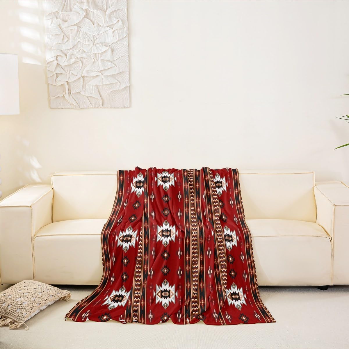 Erosebridal Western Soft Sofa Cushion Covers Bohemian Decor Geometric Sofa Cover, Boho Aztec Cat Proof Sofa Slipcovers Couch Blanket Ethnic Tribe Arrow Indoor Cat Couch Protector 71"x134",Red