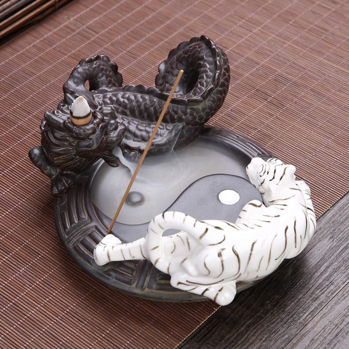 Bruciatore di Incenso Fragranza Naturale in Ceramica Design Drago e Tigre, Aromaterapia Classica per Studio e Yoga