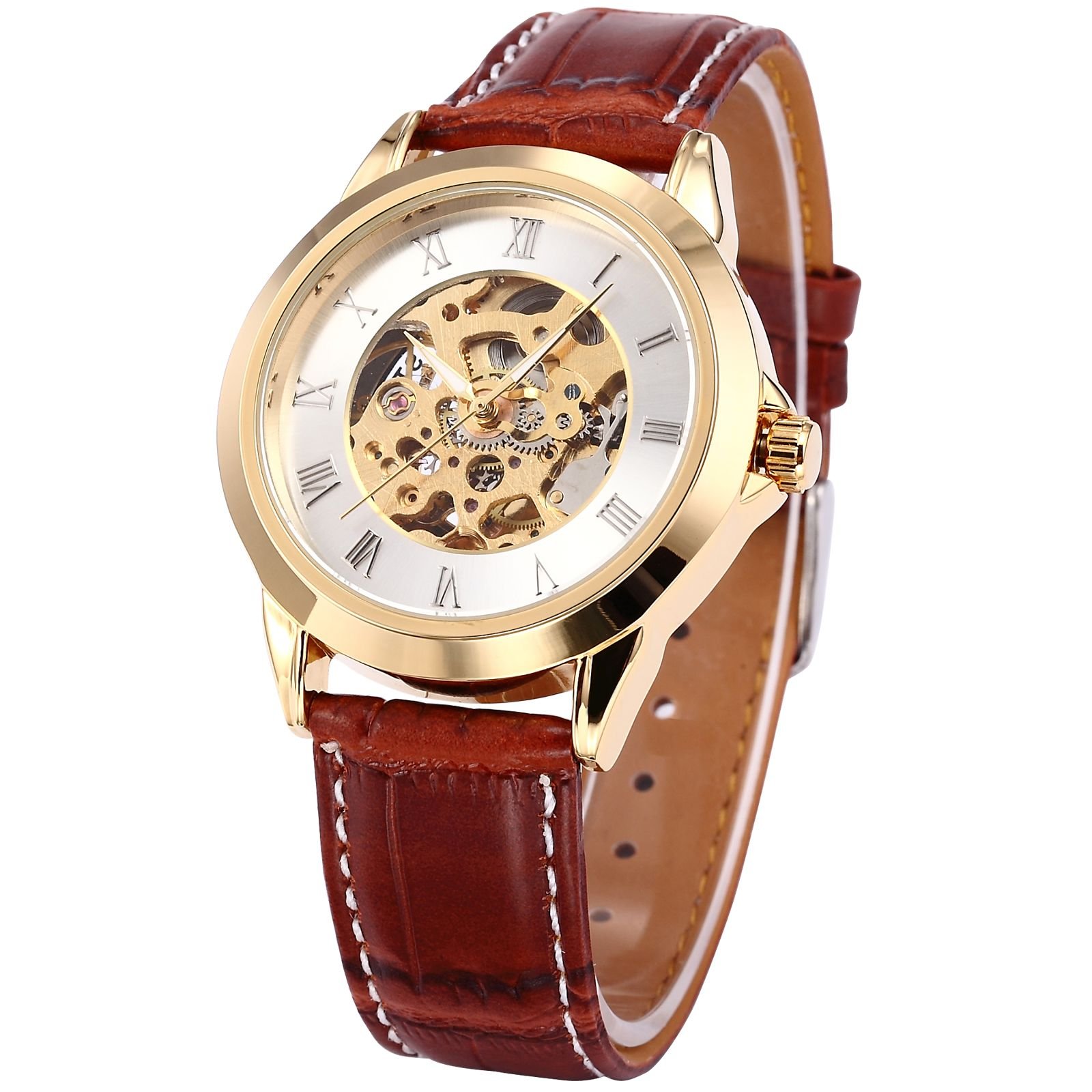 SHENHUARoman White Dial Mens Gold Case Skeleton Automatic Mechanical Wrist Watch PMW128