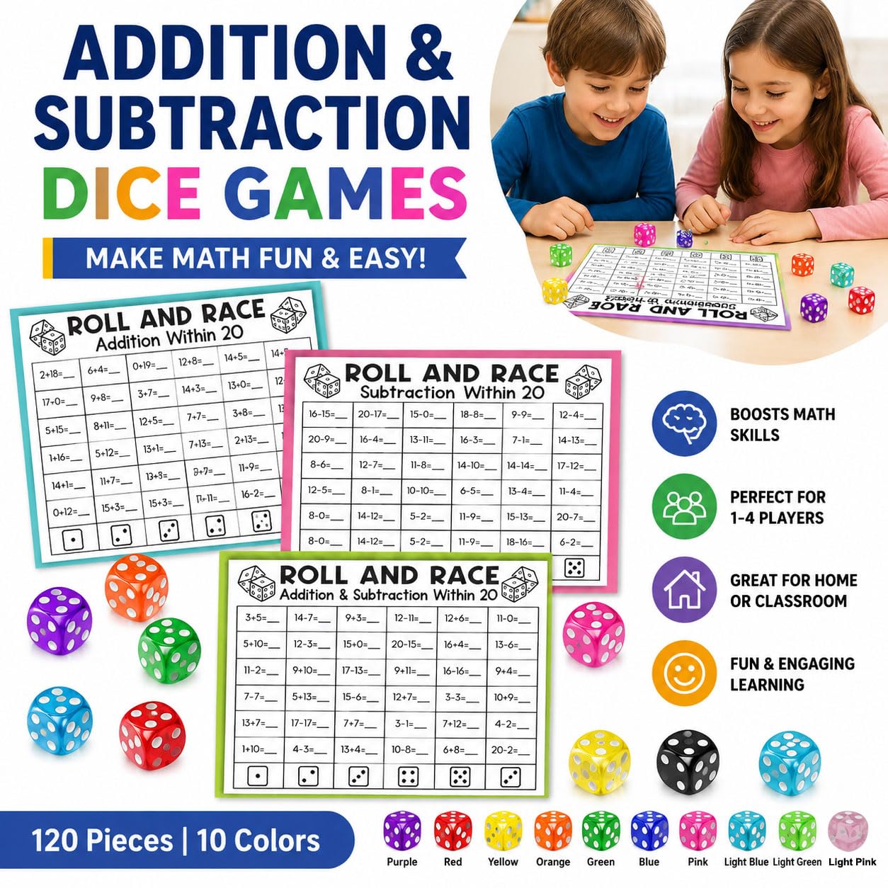 Lot de 120 dés de 16 mm, dés de jeu standard à 6 faces avec boîte portable pour jeux de société, placement des travailleurs, activités mathématiques (coins ronds translucides, 10 couleurs