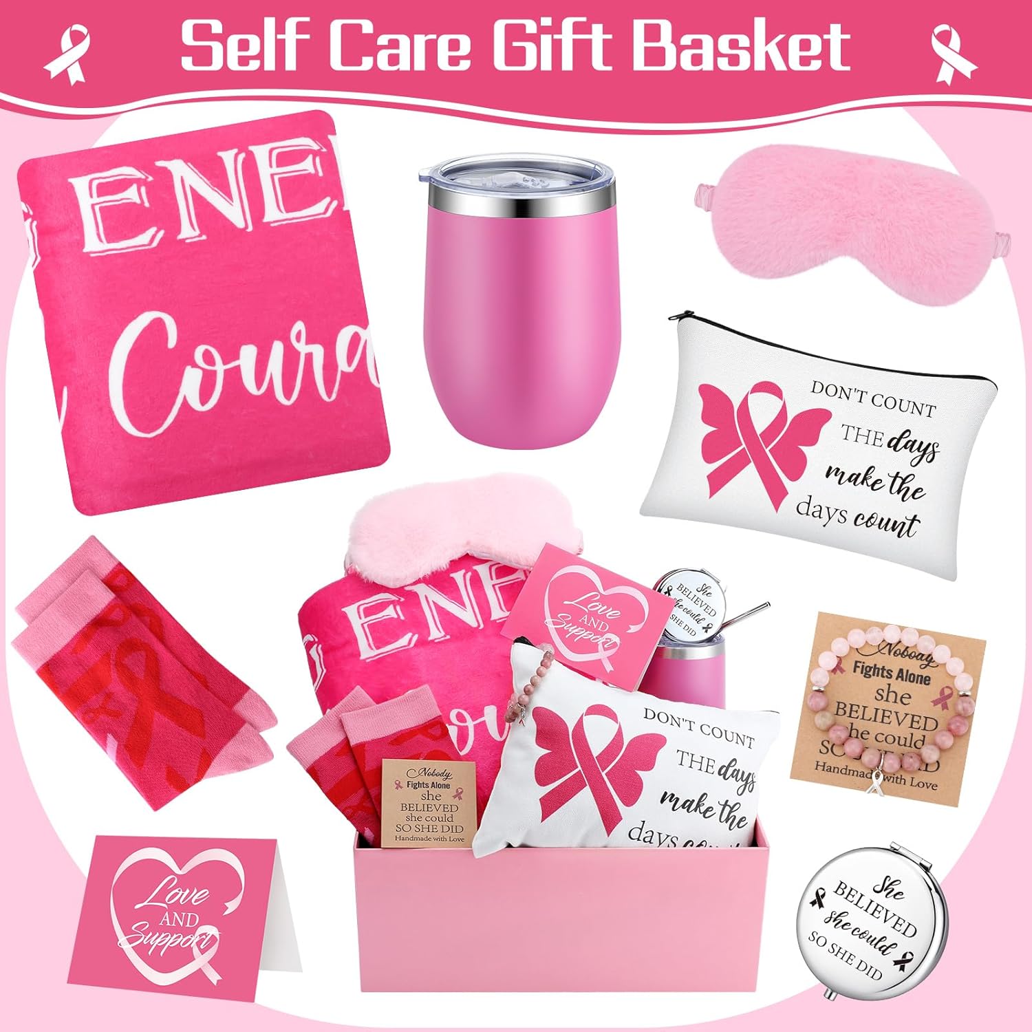 Tioncy 10 Pcs Breast Cancer Survivor Gifts for Women Basket Chemo Care Package 50" x 60" Coral Fleece Throw Blanket Cancer Awareness Accessories Get Well Soon Gifts Wellness Comforting Must Haves - Image 5