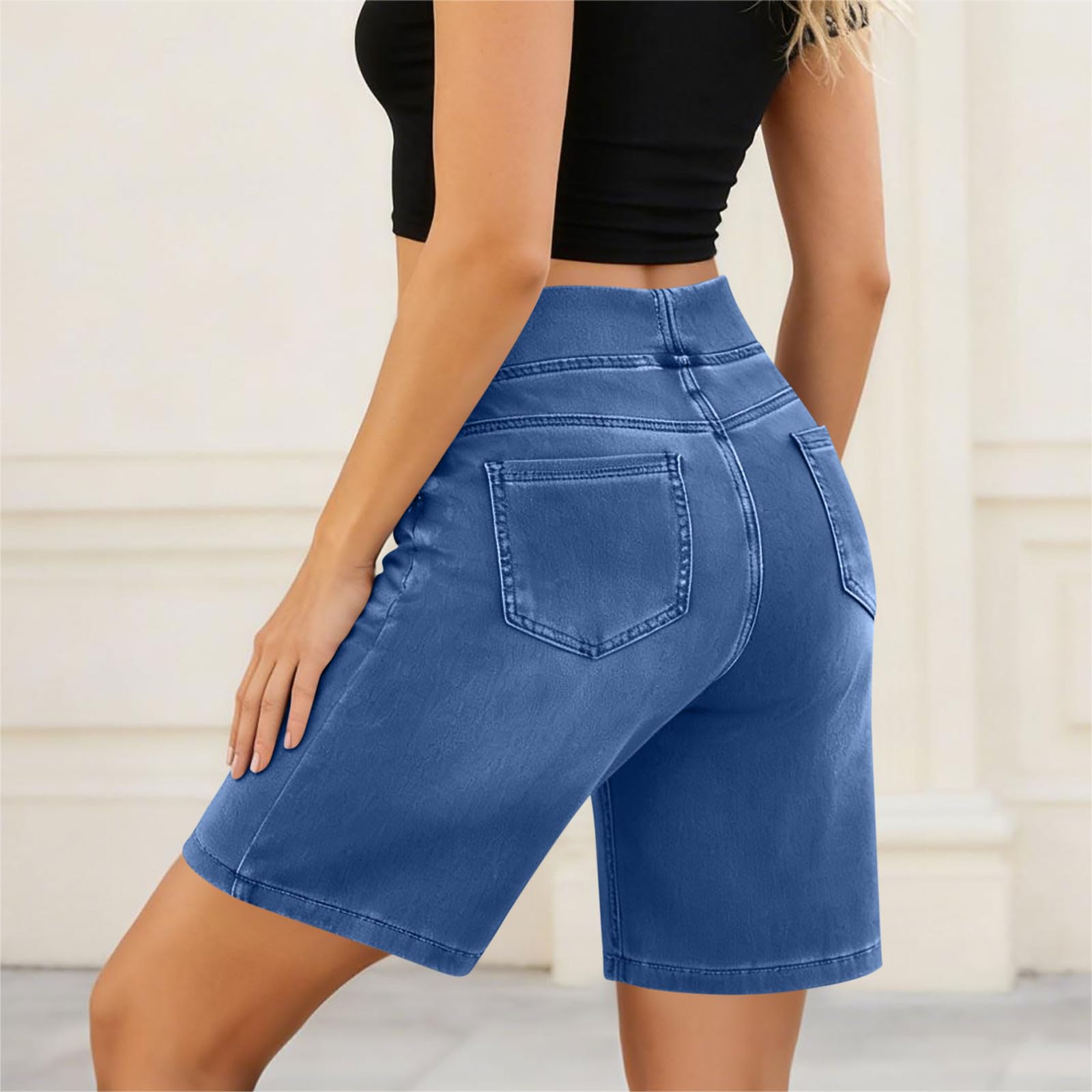 Short Femme Jeans Chic Mode Hot Pants Décontracté Élastique Taille Short Jean Femme D'été Amincissant Bermuda Baggy Taille Haute Vêtements Couleur Unie Pantalon Court avec Poches Tailles S à XXL