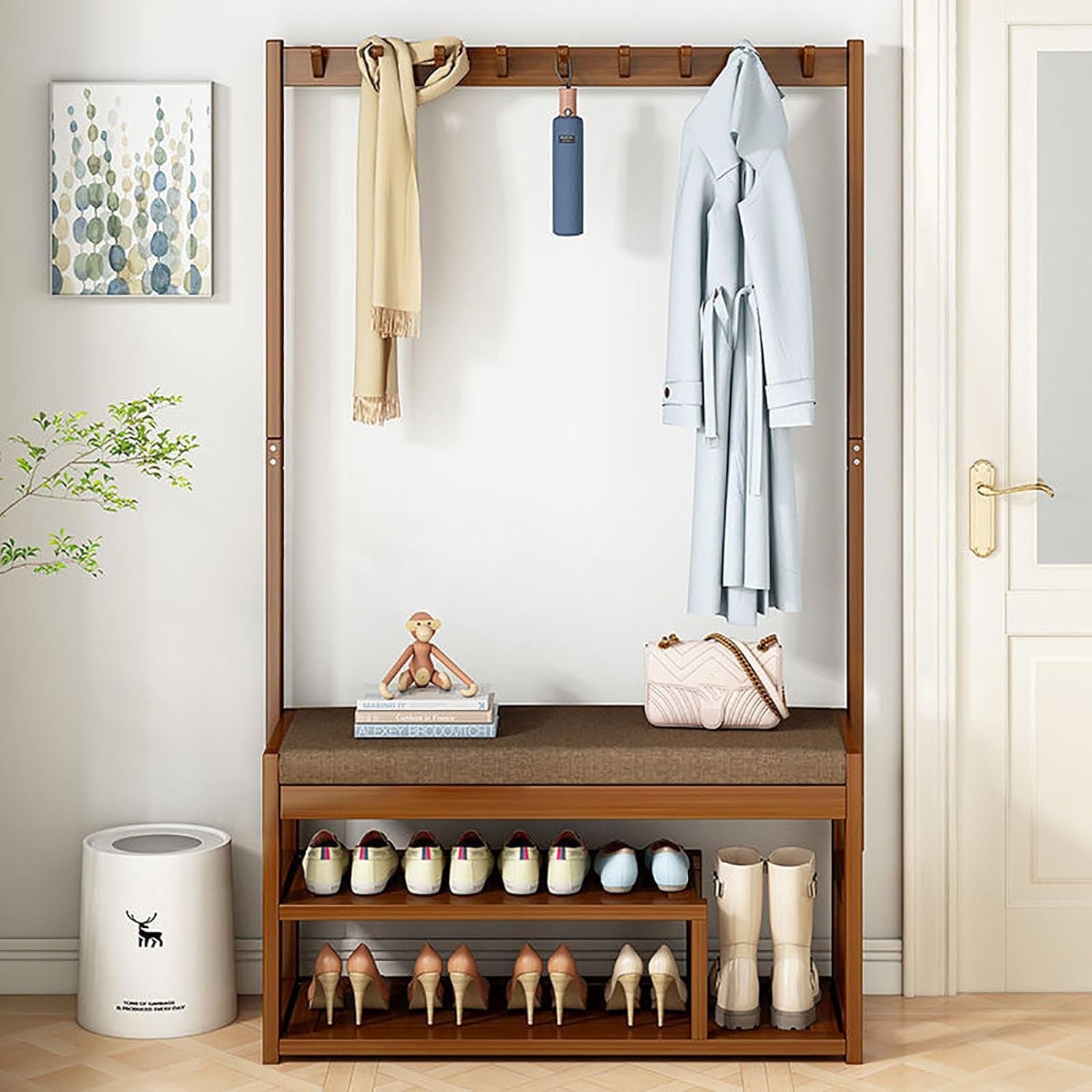 MSHGSKU 3 in 1 Large Capacity Bamboo Coat Rack Hall Tree with Shoe Storage Bench & 9 Hooks Multipurpose Freestanding Entryway nizer for Hallway Living Room & Bedroom