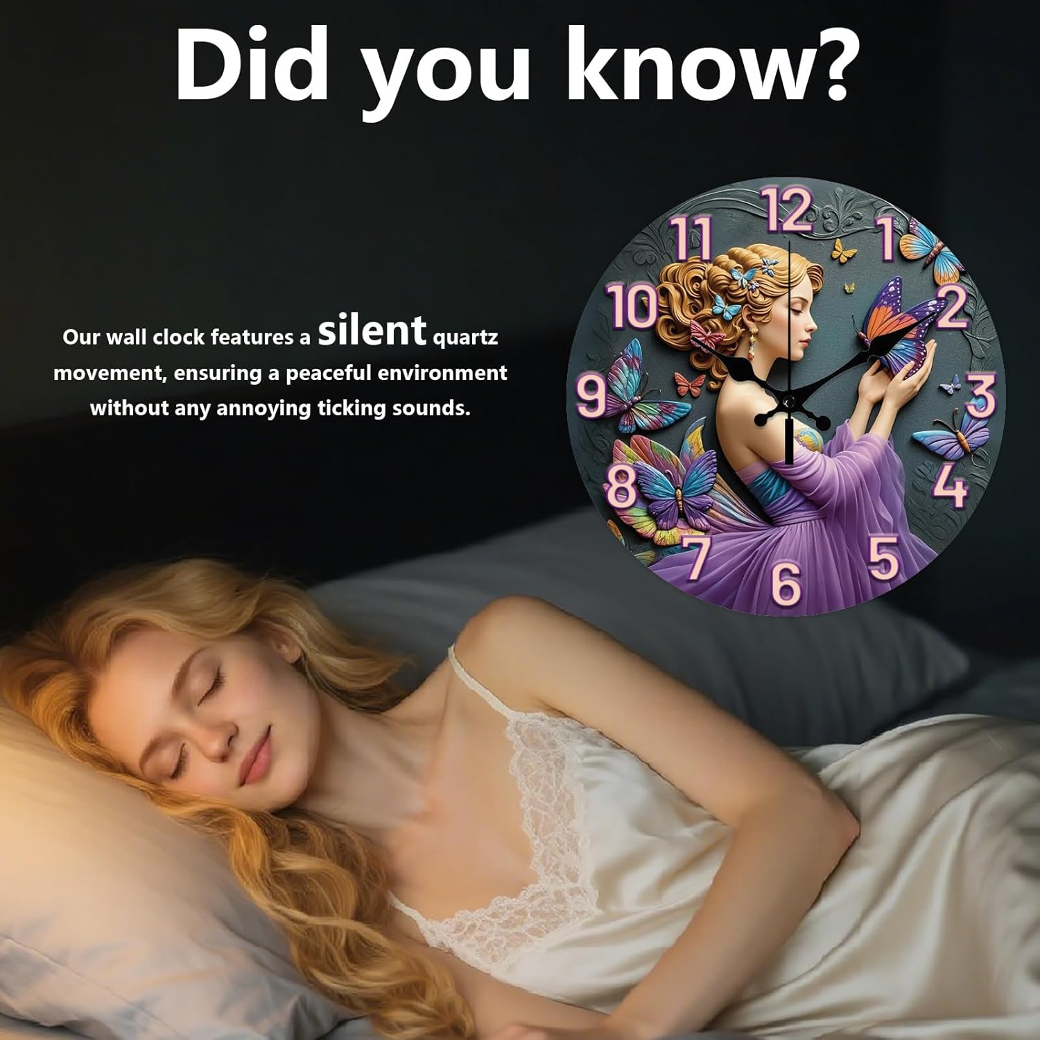 CHGCRAFT 3D Relief Butterfly Girl Pattern Wall Clock 12 Inch Non-Ticking Clocks Round Wall Hanging Clock Battery Operated for Bedroom Living Room Kitchen Office