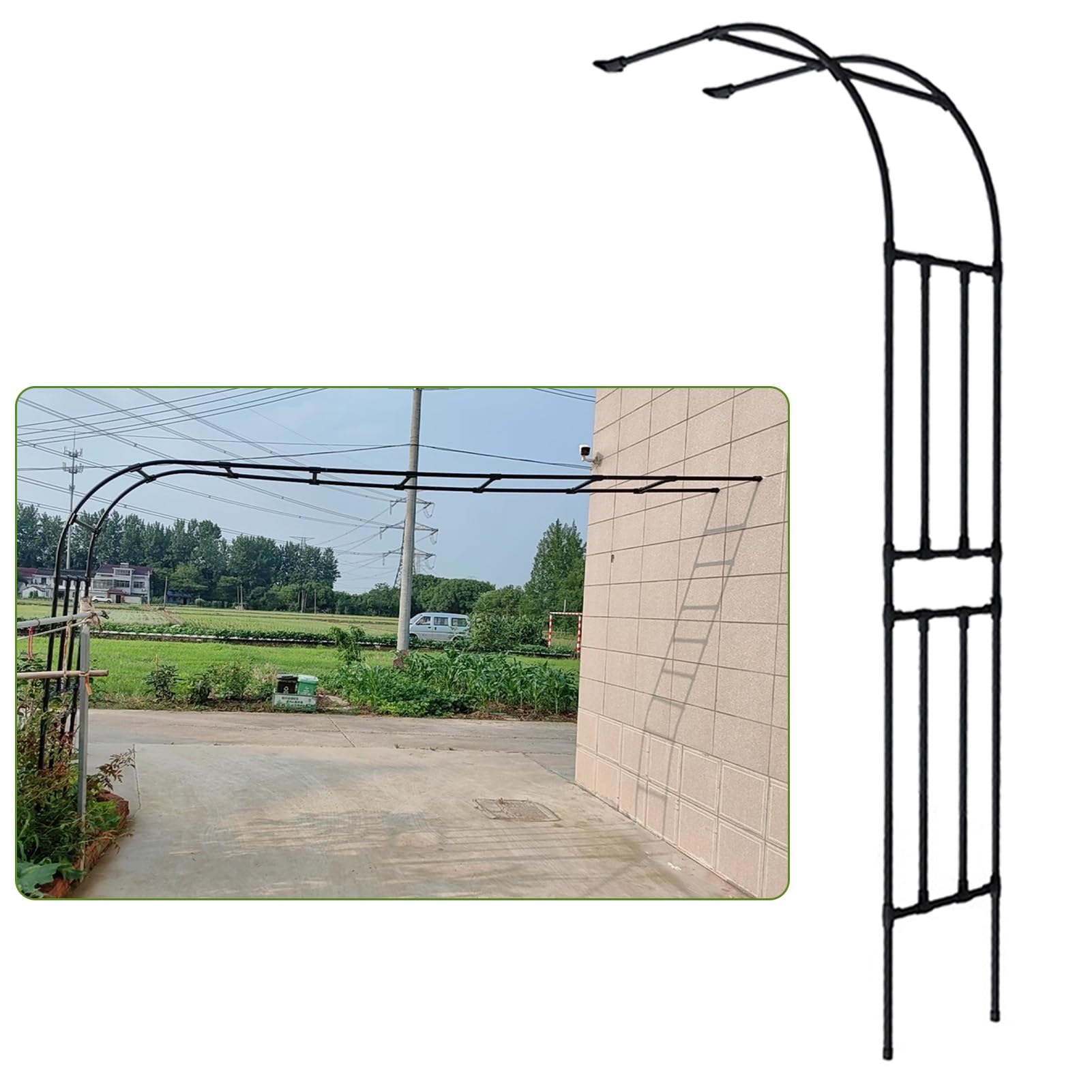 Enrejado de jardín de medio arco negro de acero para trepadoras de 2x1x8 pies
