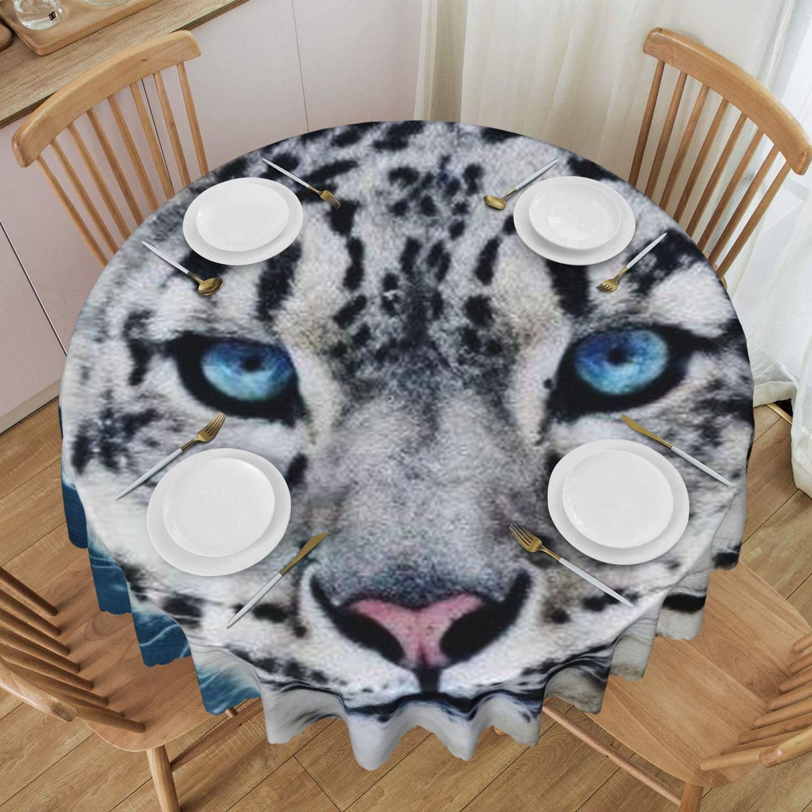 DCEHGEW 60 In Round Tablecloth with Lace, Blue eyed snow leopard Printed Oilproof & Washable Fabric Picnic Table Cloth Table Covers