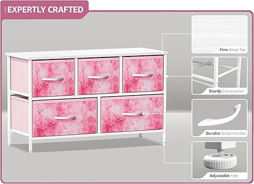 Miniatura 4 de Sorbus Cómoda para niños con 5 cajones, unidad organizadora de baúl de almacenamiento con marco de acero, parte superior de madera, contenedores de