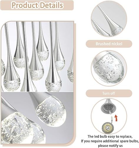 Miniatura 2 de Candelabros de escalera plateados, 9 luces, lámpara colgante de gota de lluvia de burbujas de cristal, 100 pulgadas, techo alto, lámparas de