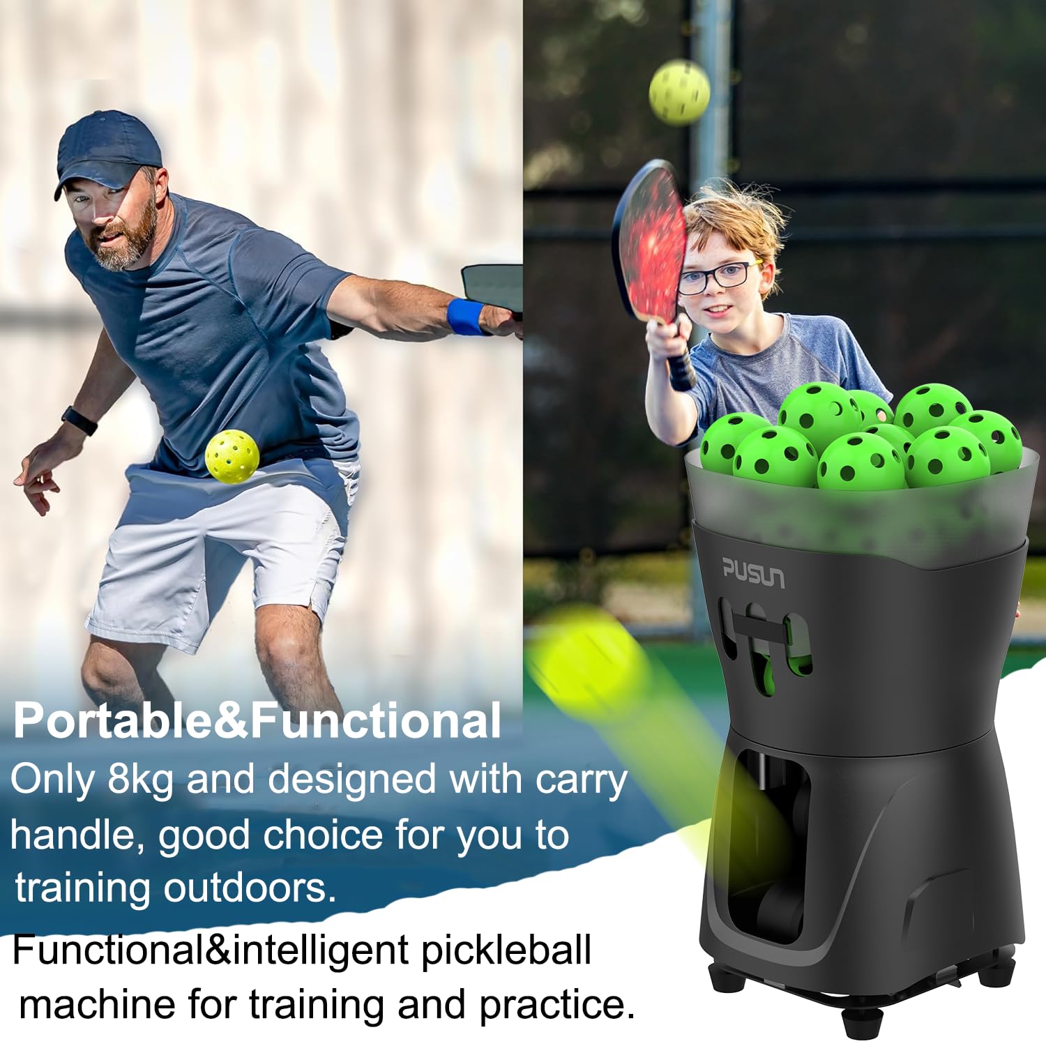 PUSUN Macchina per pickleball, macchina per pickleball PP-Mini Pro per bambini e principianti, supporta app e telecomando, contiene 65 più palline contemporaneamente, durata della batteria 3-5 ore,
