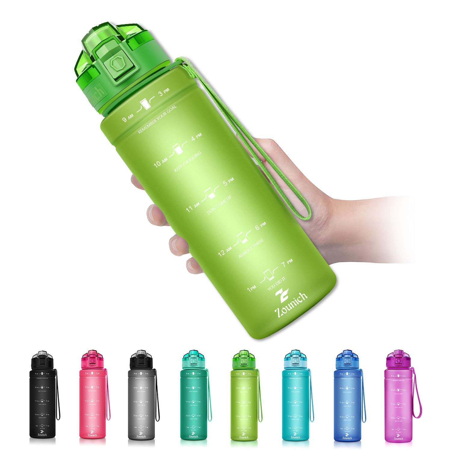 ZOUNICH Tritan BPA Free Water Bottle with Time Marker - 32oz/24oz/17oz Leakproof Motivational Sports Water Bottles to Ensure You Drink Enough Water Throughout The Day for Fitness and Outdoor Activity
