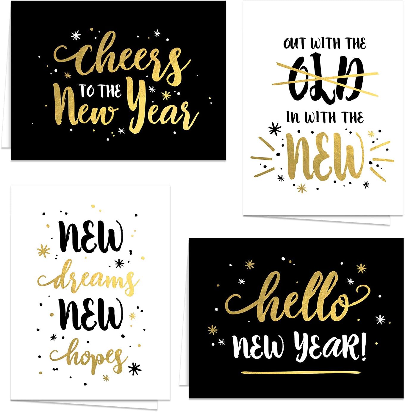 Canopy Street Modern Black And Gold New Year Greeting Cards / 24 Winter Holiday Cards With White Envelopes / 4 5/8" x 6 1/4" Faux Foil Cards / 4 Festive Designs