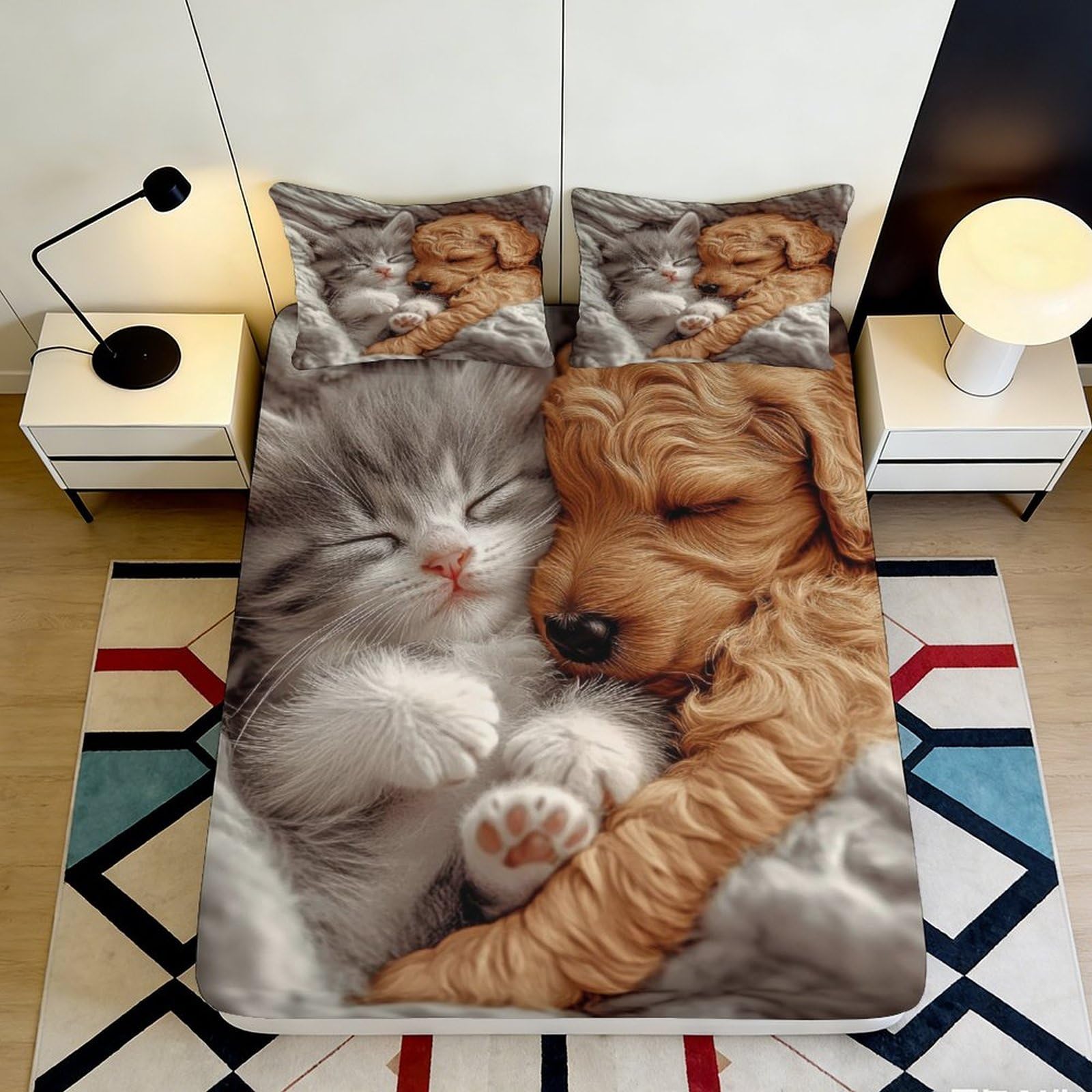 3D Printed Cute Kitten and Puppy Fitted Sheet Microfiber Soft Breathable Sleeping Cat and Dog Bed Cover for Bedroom Dormitory Guest Room Mattress Protection 120x200x25cm