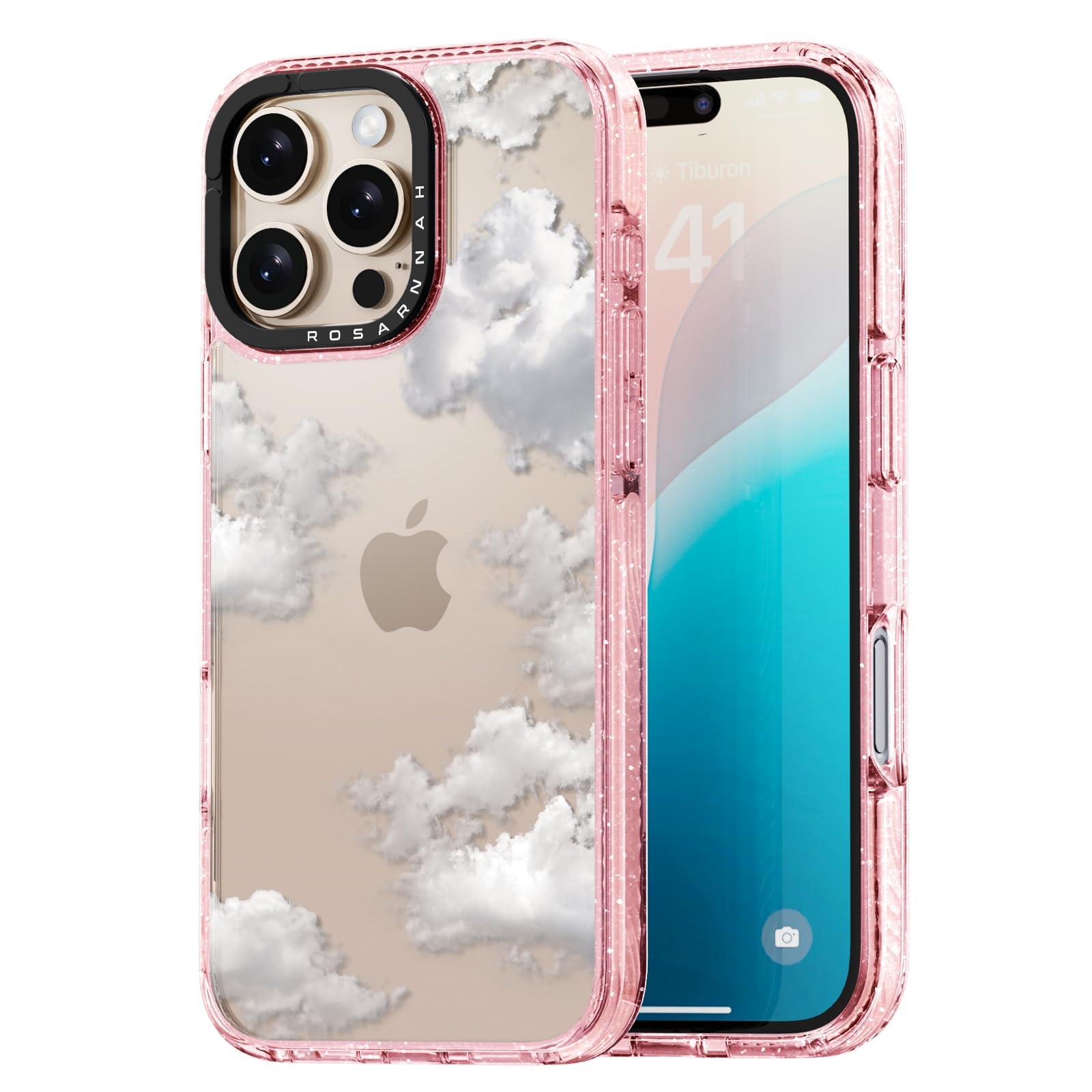 Rosarnnah for iPhone 16 Pro Case Cute - Durable Shockproof 6.6 ft Drop Impact Phone Case - Funny Clouds Design (6.3") Glitter Pink