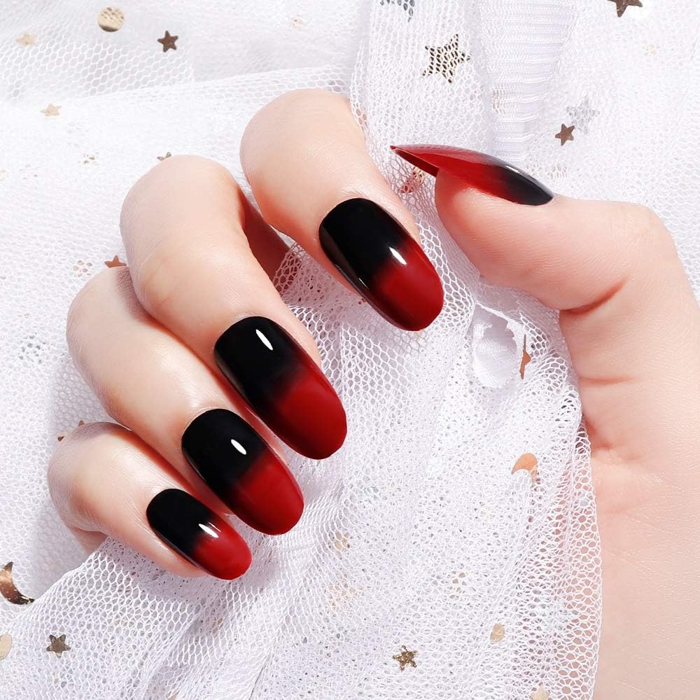 LIARTY False Nails 24 Pcs 12 Sizes Gradient Deep Red Black Almond Full Cover Fake Nails