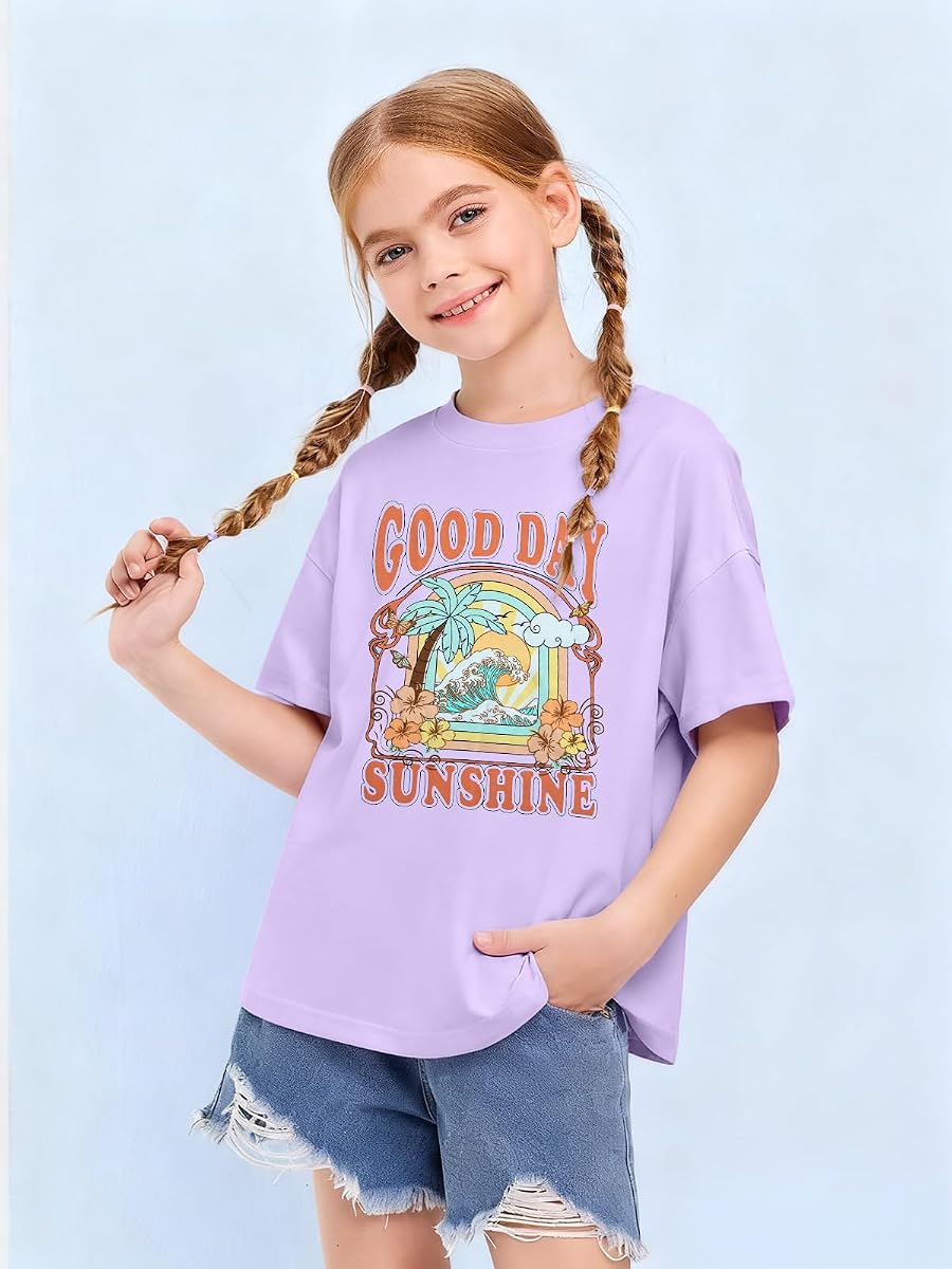 Girls Graphic Shirts Oversized Sunshine T Shirt Short Sleeve Tee Tops Cute Trendy Girls Clothes for 5-14 Years