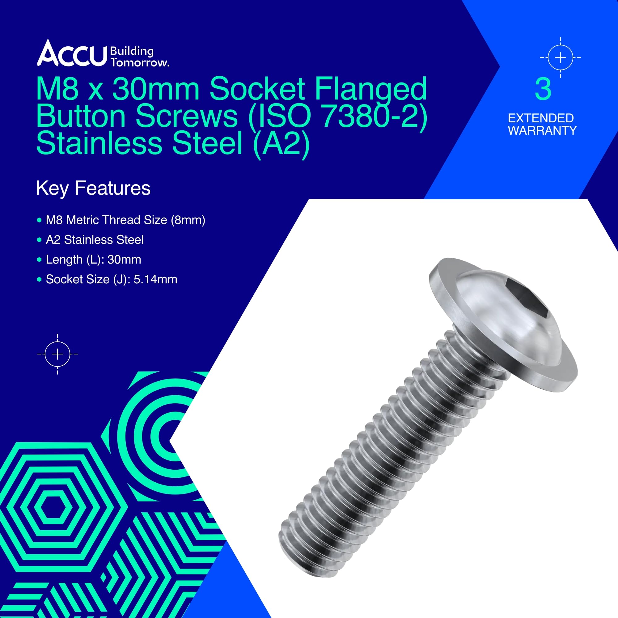 Accu - M8 x 30mm Socket Flanged Button Screws (ISO 7380-2) - Stainless Steel (A2) (Pack of 10) - Image 2
