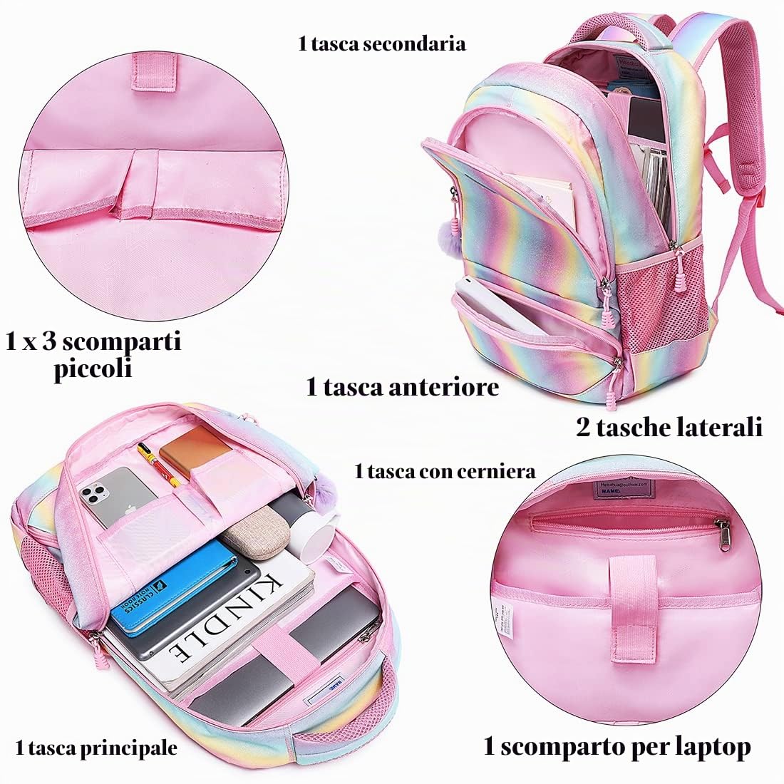 Zaino Ragazze per la Scuola Arcobaleno Ragazza Zainetto Colorato Glitter Zaino da Bambina Zainetti per Bambini,3 in 1 Set di Zaini Borsa Scuola + Borsa per il Pranzo + Astuccio