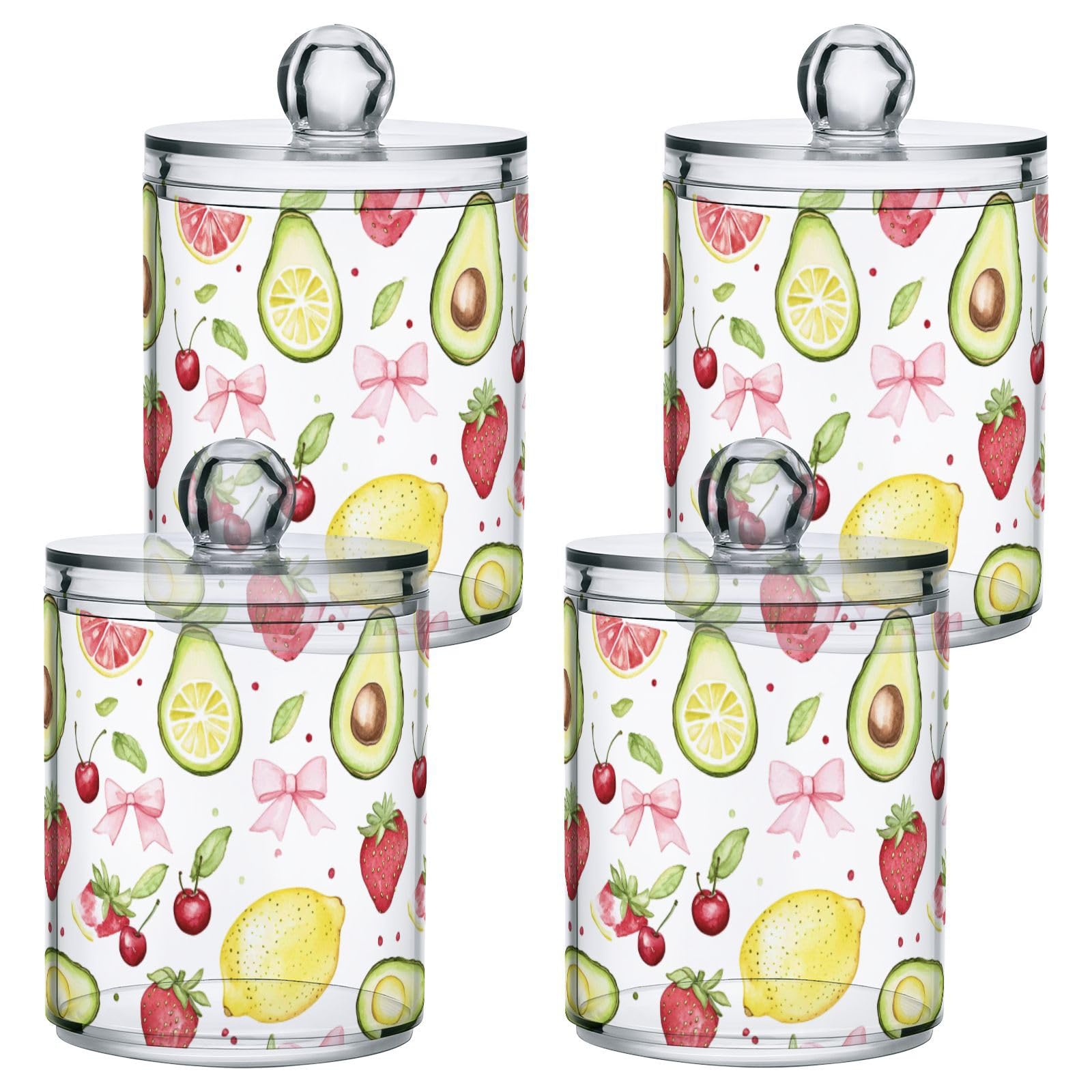 Gredecor 2 Pack Qtip Holder Clear Lemon Pink Bows (4) Apothecary Jars with Lids Acrylic Bathroom Jars Vanity Countertop Canister Storage Organizer for Cotton Ball,Swabs,Pads,Floss