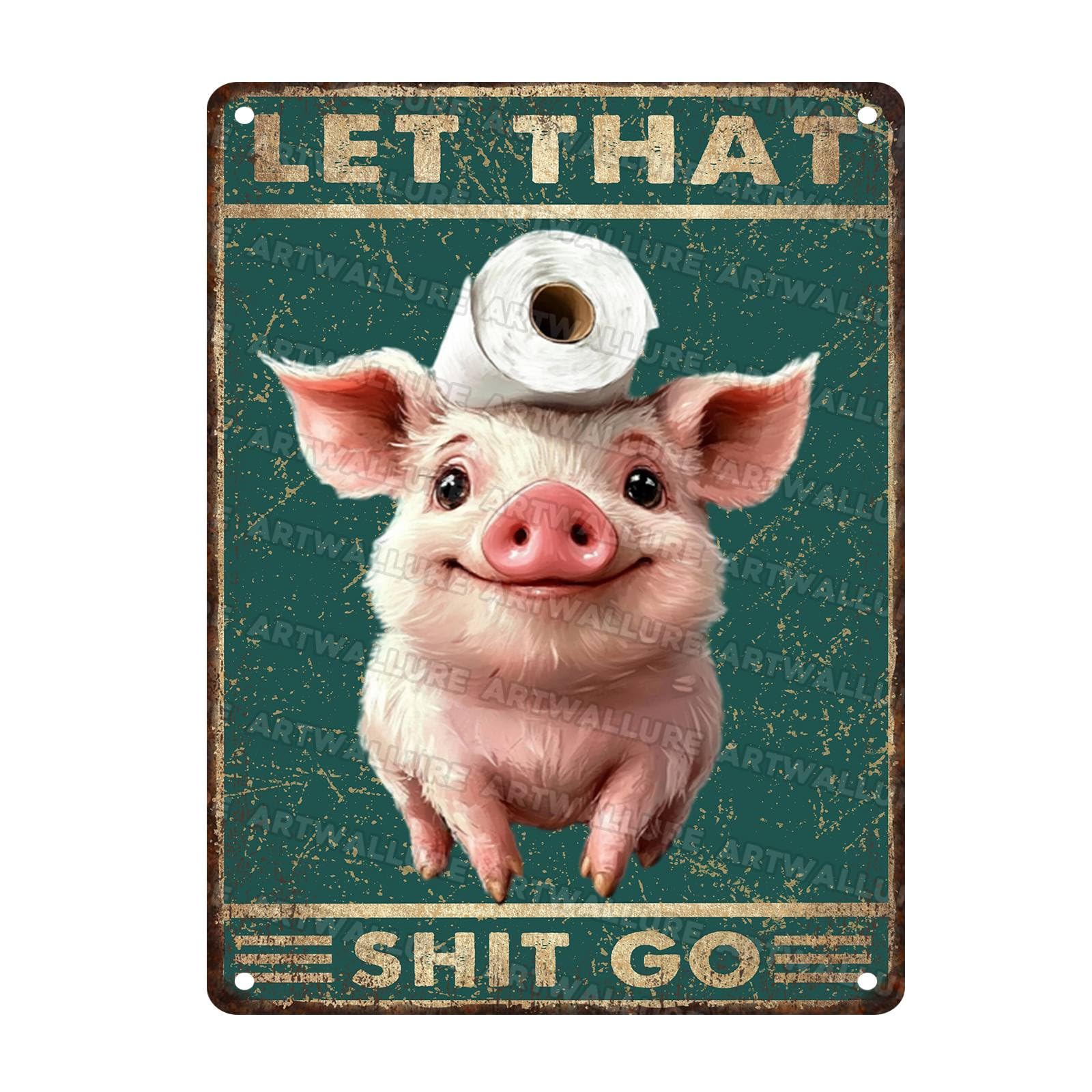 Pig Toilet Humor Metal Sign Let It Go Vintage Retro Tin Plaque Wall Art for Bathroom Guest Bath Rustic Decor 12x16Inch
