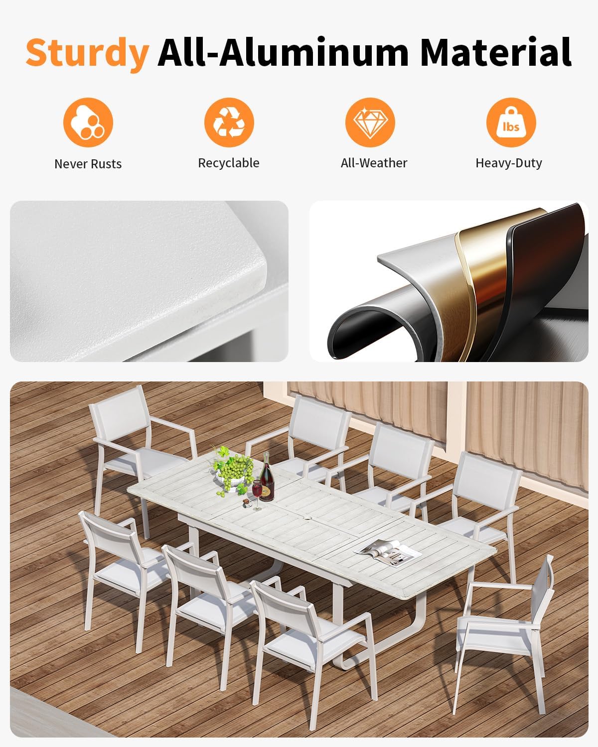 9 Pieces Outdoor Dining Set, Expandable Patio Dining Set for 8 Person, Never-Rust Aluminum Patio Furniture Set with Extendable Dining Table and Stackable Dining Chairs for Backyard, Deck, Lawn