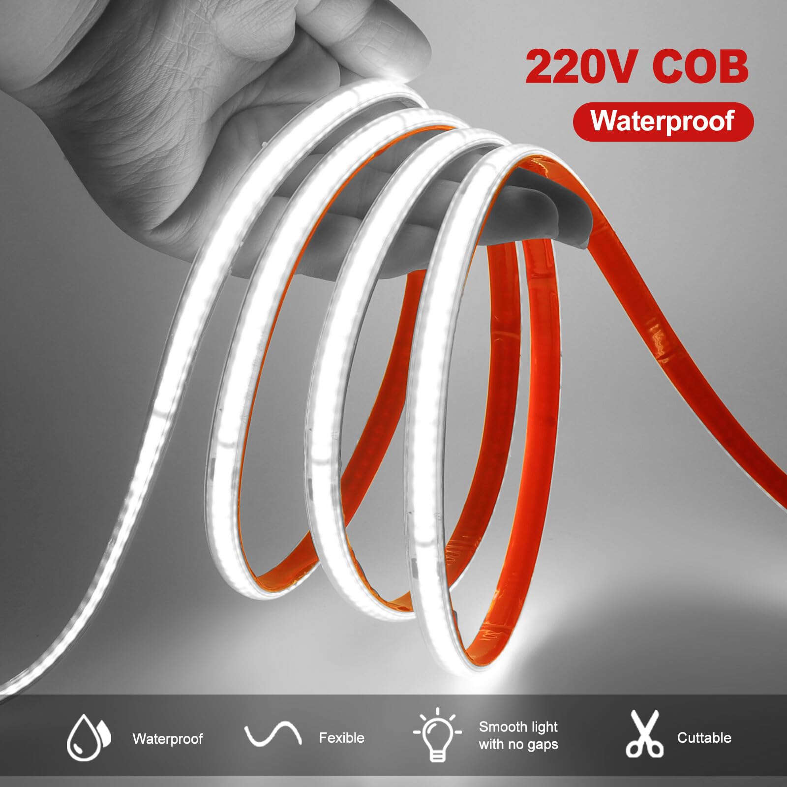 Tira LED COB 220V Con encendido/apagado [50M,Blanco 6000-6500K],IP65 impermeable flexible,240 LEDs/m Tira LED FCOB CRI85+,cortable cada 10cm,iluminación decorativa para hogar/tiendas