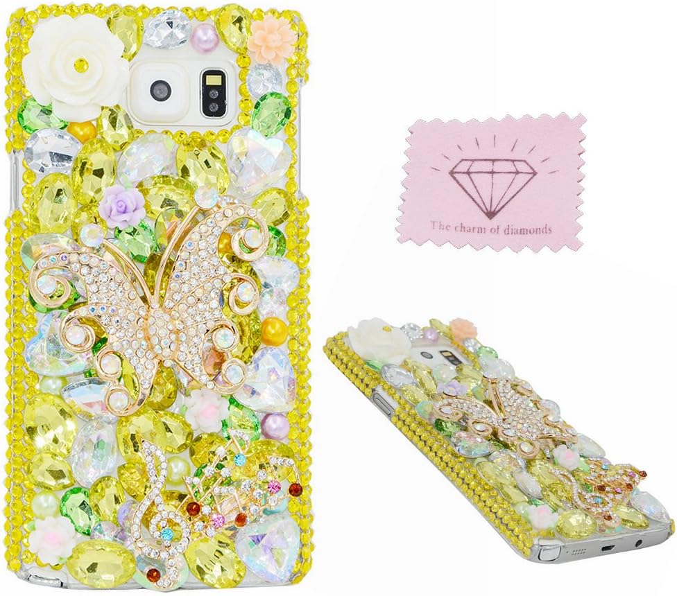 Samsung Note 5 Butterfly Case, Charm Of Diamonds Handmade 3D Bling Shining Rhinestone Case For Samsung Galaxy Note5 N9200 Hard Plastic Cover Phone Back Protective Diamond Skin +Clean Cloth