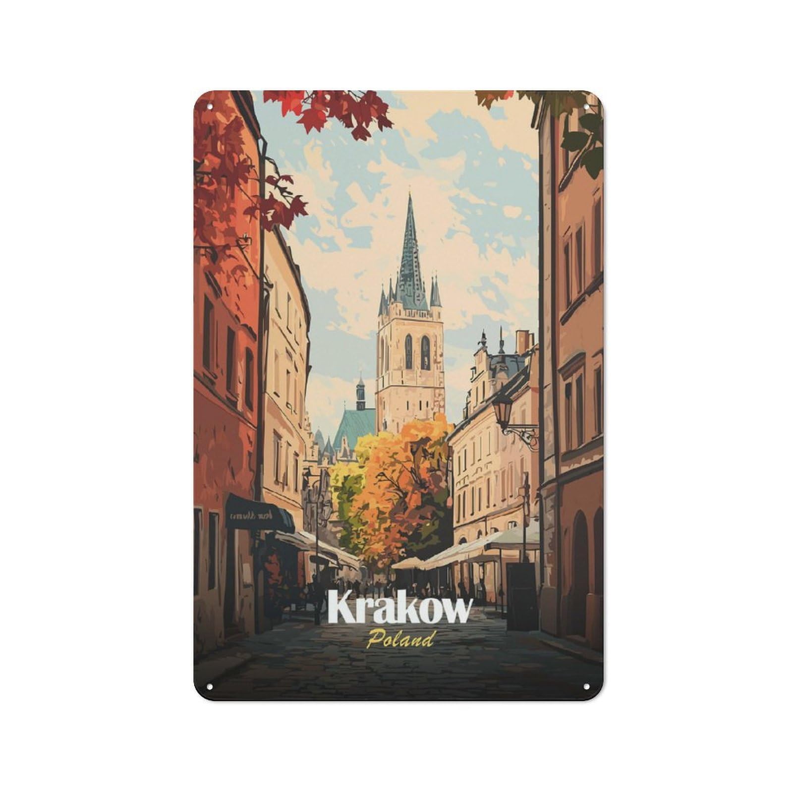 Junmoney Style-12 Tin Sign 30X20cm With Krakow, Poland Cityscape Art For Hallway Wall, Rustic Decor, For Vintage Wall Decor Fans, For Garage And Workshop Walls