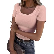 BIDITANLE Womens Ribbed Knit Short Sleeve T-Shirts Slim Fitted Square Neck Casual Summer Basic Top