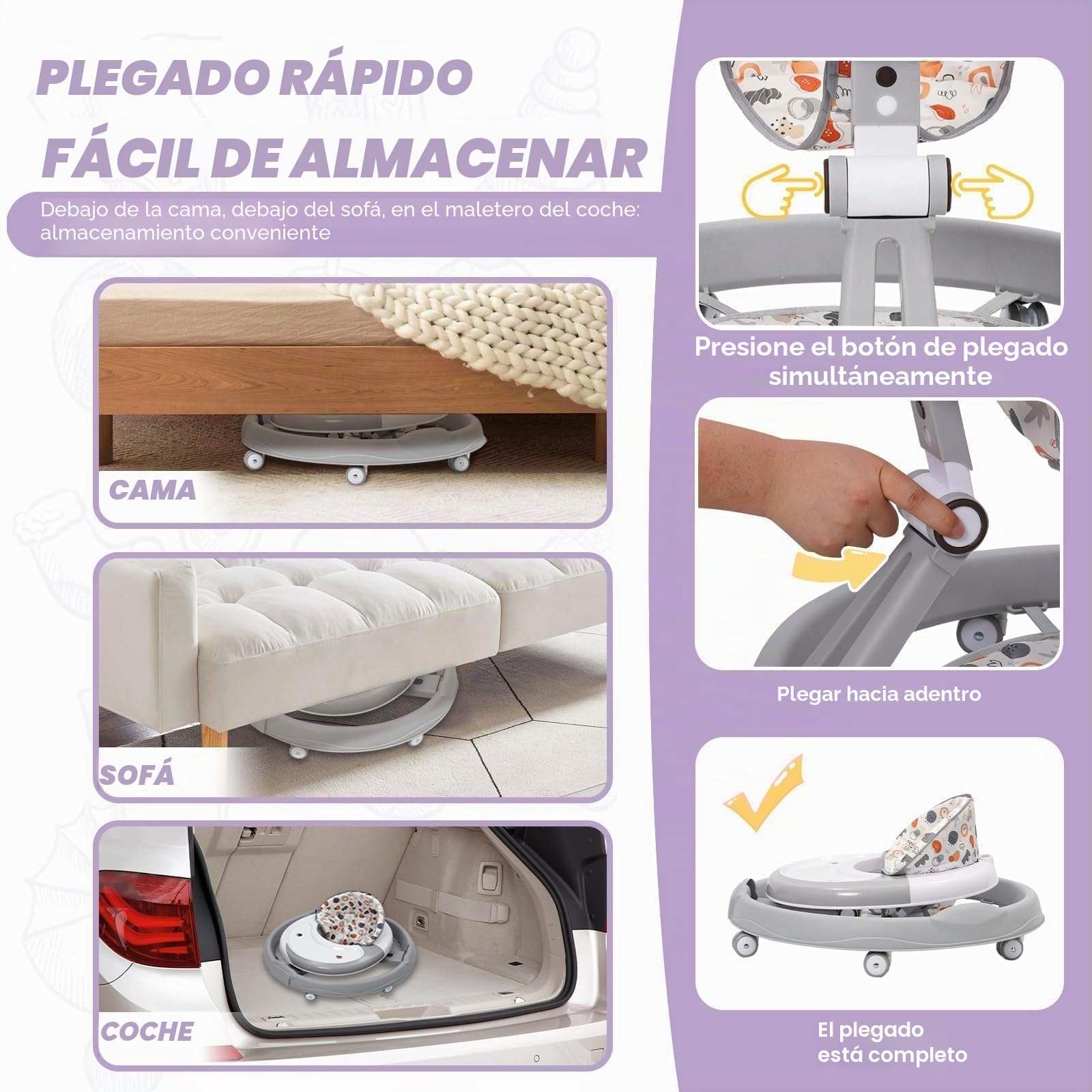 Tacata Bebes con Volante,Juego,Alfombrilla, Chasis Redondo Antideslizante de 6 Ruedas,Plegable Y con 3 Alturas Ajustables,Asiento con 4 Posiciones Ajustables,Andador Para Bebés a Partir de 0+
