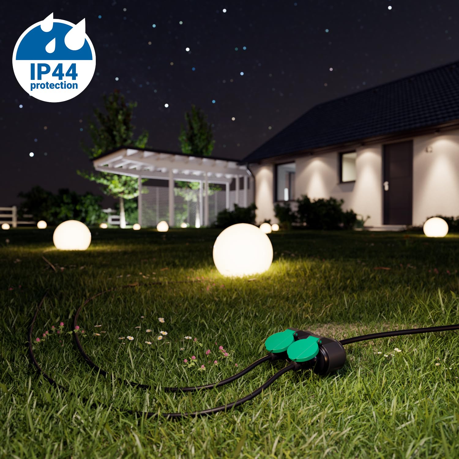 deleyCON 2m Câble Rallonge Extérieur Électrique IP44 (H07RN-F 3G1.5mm²) Câble D’Alimentation en Caoutchouc Résistant aux Intempéries - Fiche avec Contact de Protection vers 2 Prises - Noir