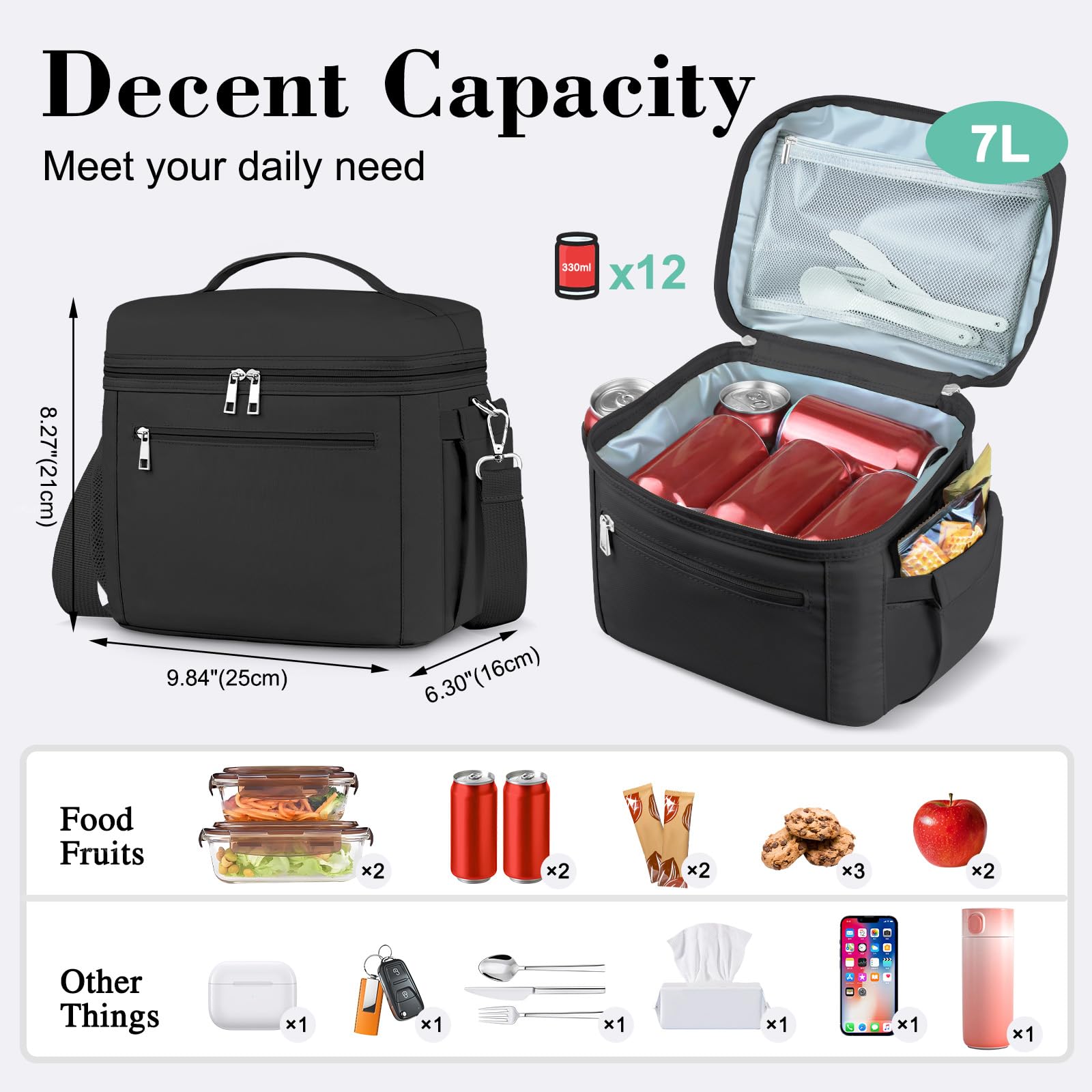 Lonchera térmica para mujeres y hombres, pequeña lonchera reutilizable a prueba de fugas, bolsa de almuerzo portátil para el trabajo, picnic (negro) 3