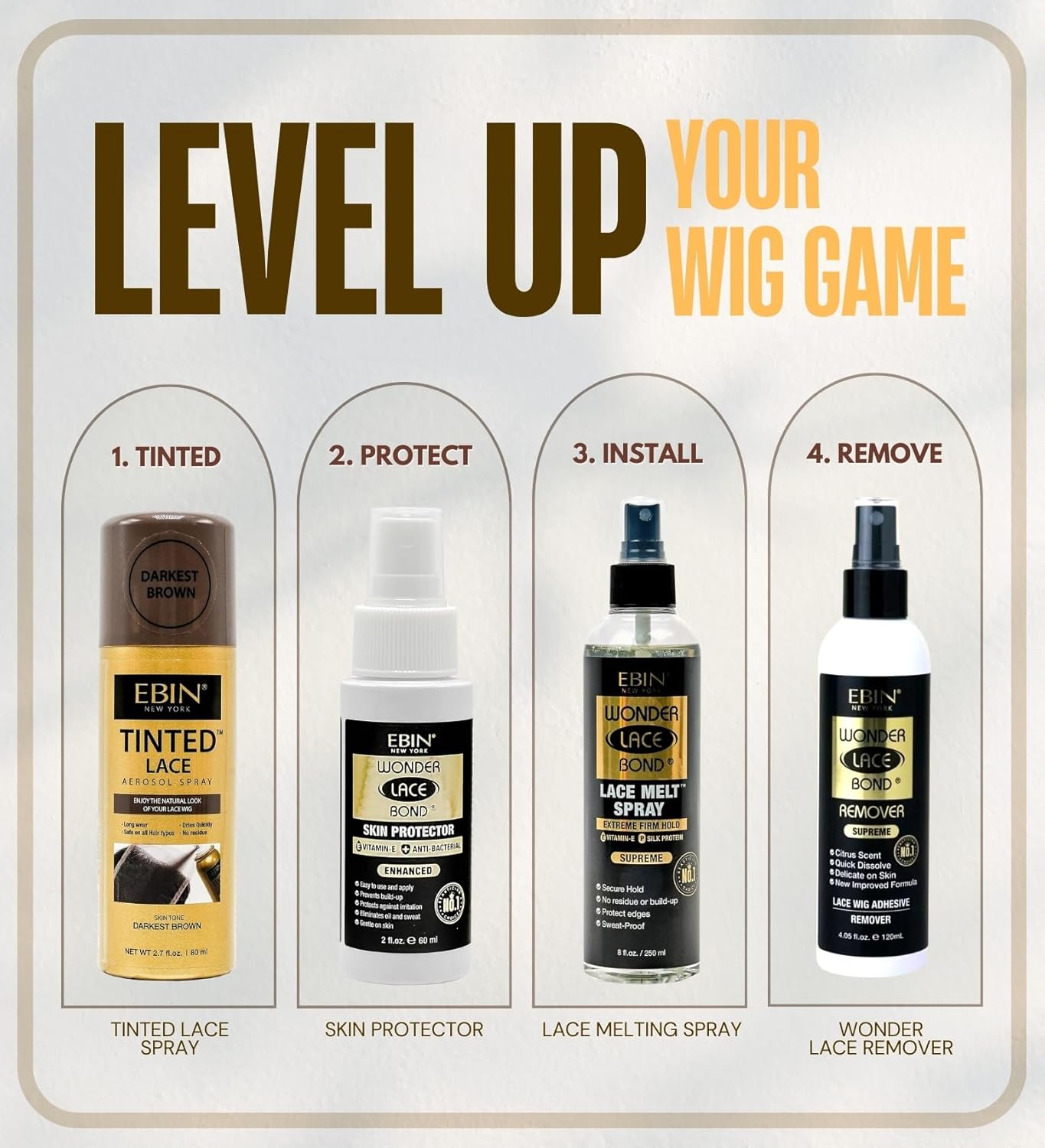 EBIN NEW YORK Tinted Lace Aerosol Spray 2.7 oz Darkest Brown Bundle with Lace Melting Spray 8 oz + Adhesive Remover Spry 4.05oz + Skin Protector 2oz Smooth Wig Installs – Gift Set (4 Items)