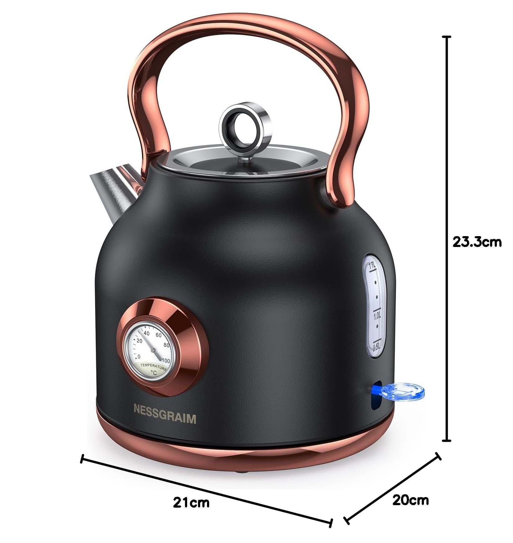 Retro-Wasserkocher, 1,7 l Edelstahl-Teekessel mit Großer Temperaturanzeige, 2200W Schnell Aufheizender Heißwasserboiler mit LED-Indikator (schwarz)