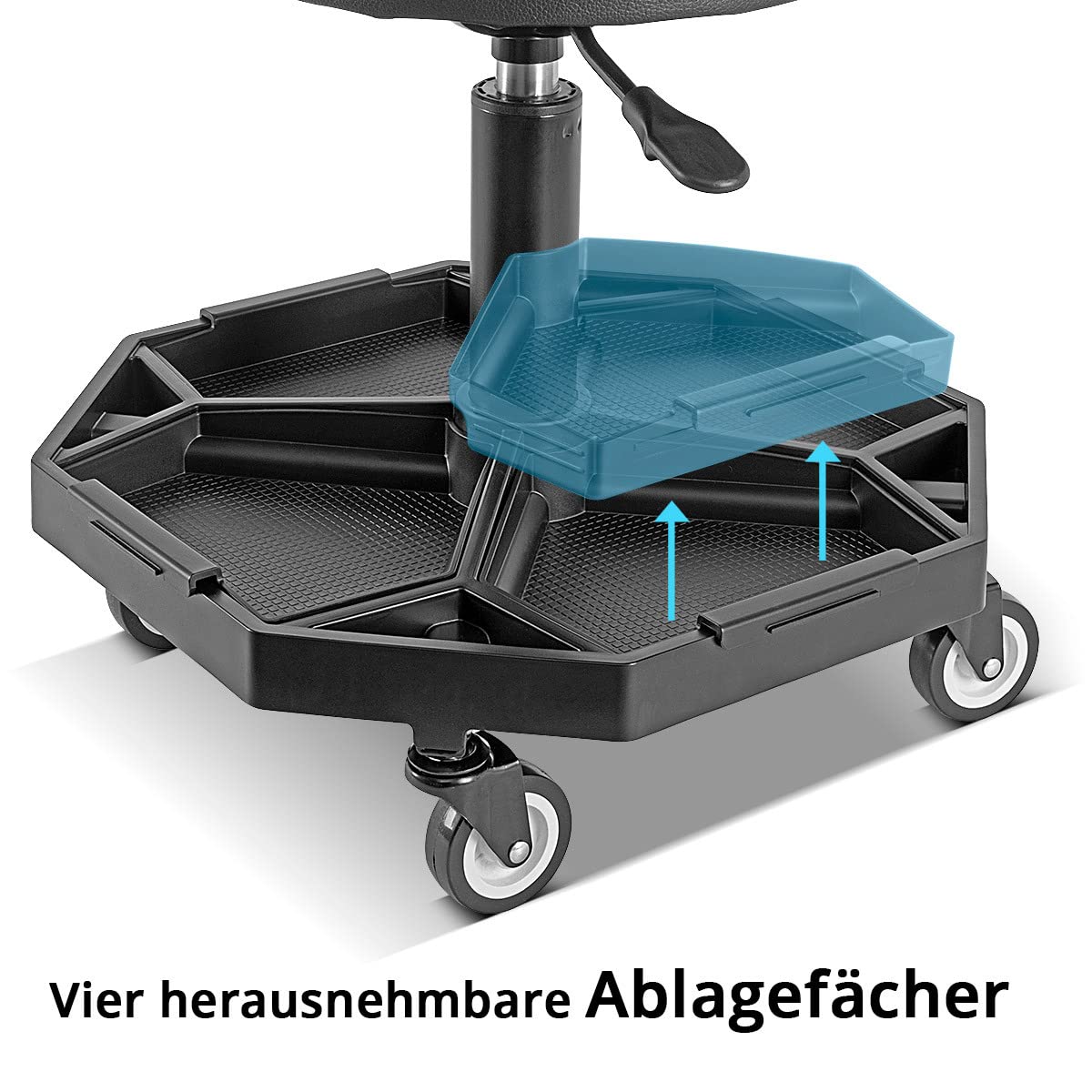 STAHLWERK Höhenverstellbarer Werkstatthocker WRH-136 ST bis 136 kg belastbar, 40-54 cm Sitzhöhe, mit vier herausnehmbaren Ablagefächern, Rollsitz/Rollhocker mit kugelgelagerten Leichtlauf-Lenkrollen
