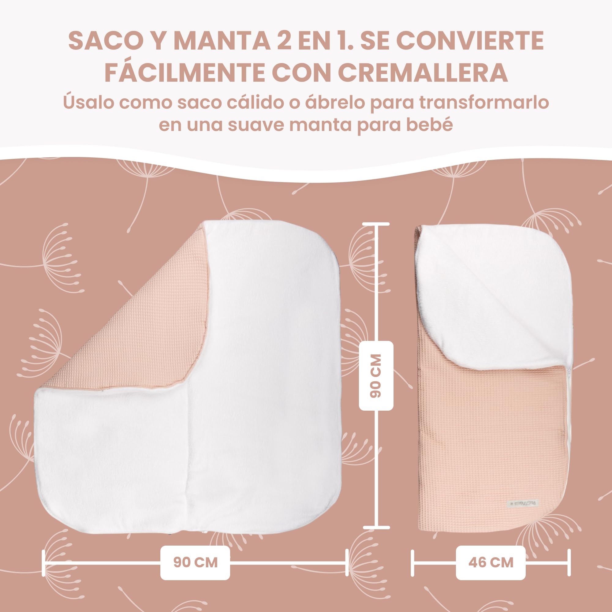 MIMUSELINA Saco Capazo Bebe Invierno Universal | para Carrito, Cuna y Silla de Paseo | Manta Bebe Invierno en Algodon Suave y Acogedor | 2 en 1: Saco 92x46 cm o Manta 92x92 cm | Hecho en España
