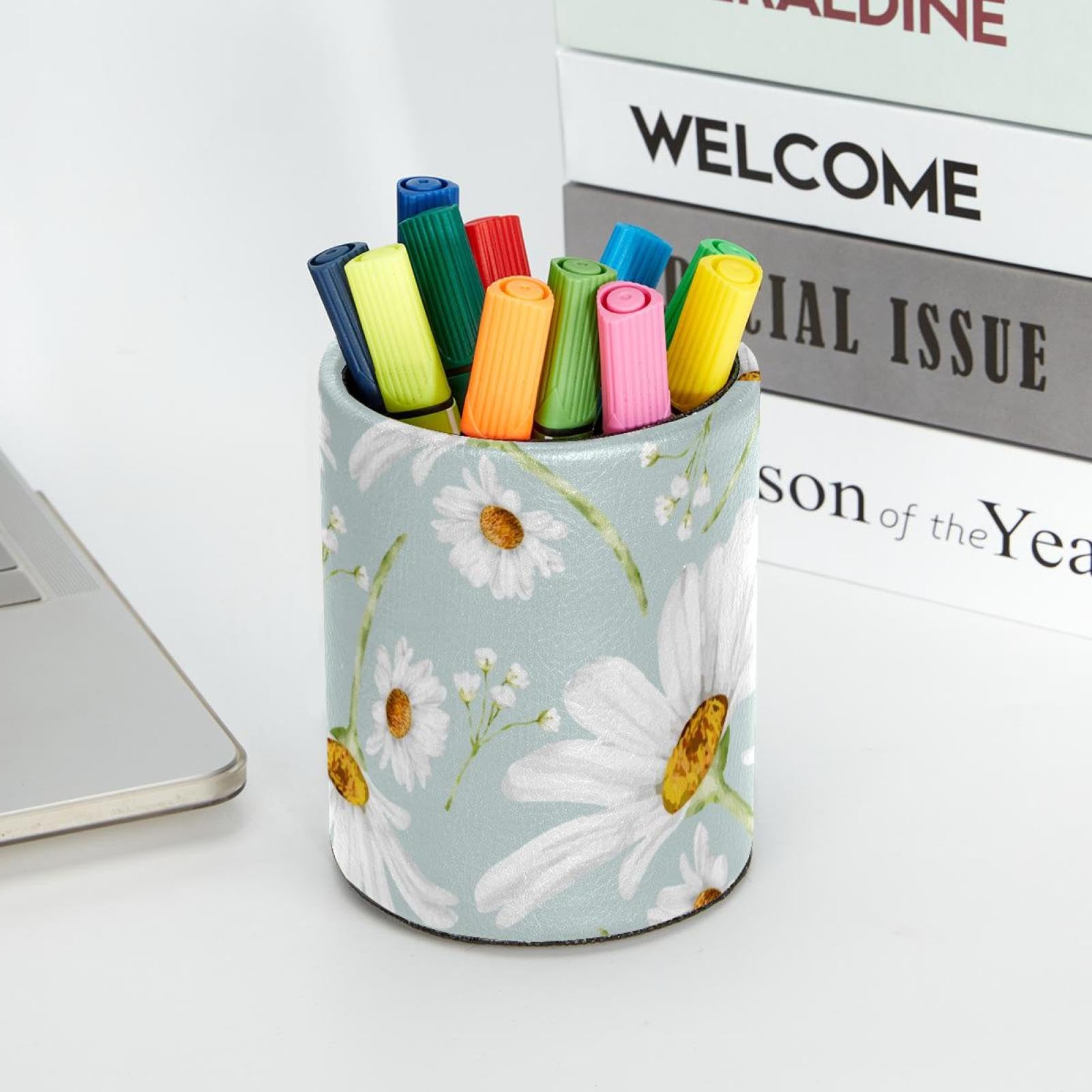 Portalápices de colores de gran capacidad para escritorio, con patrón de margaritas, soporte para brochas de maquillaje, accesorios de escritorio y organizadores de espacio de trabajo para el