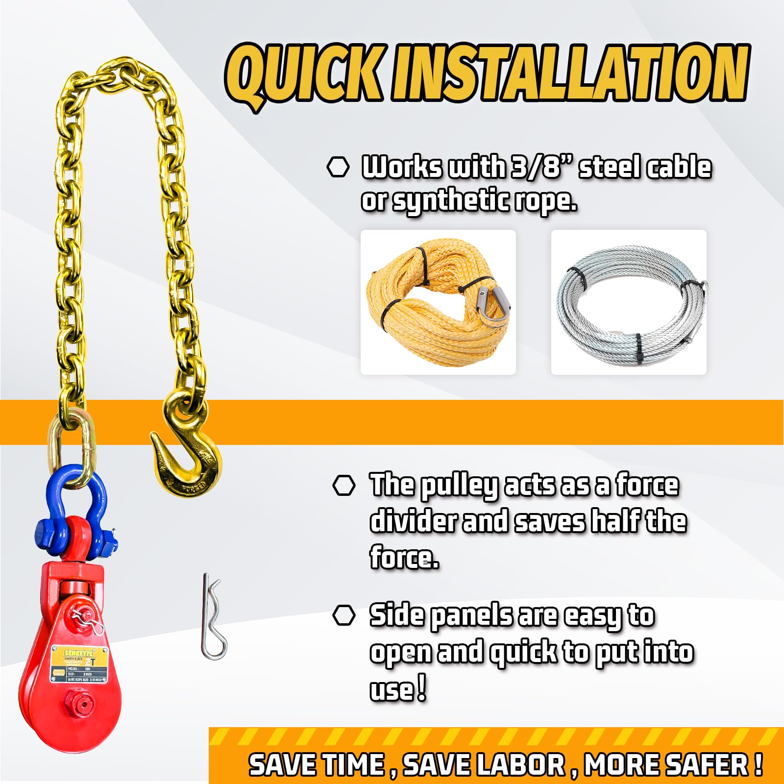 Upgraded Snatch Block with Chain Snatch Block 2 Ton WLL for 3 8 Wire Rope Snatch Block Pulley — view 4