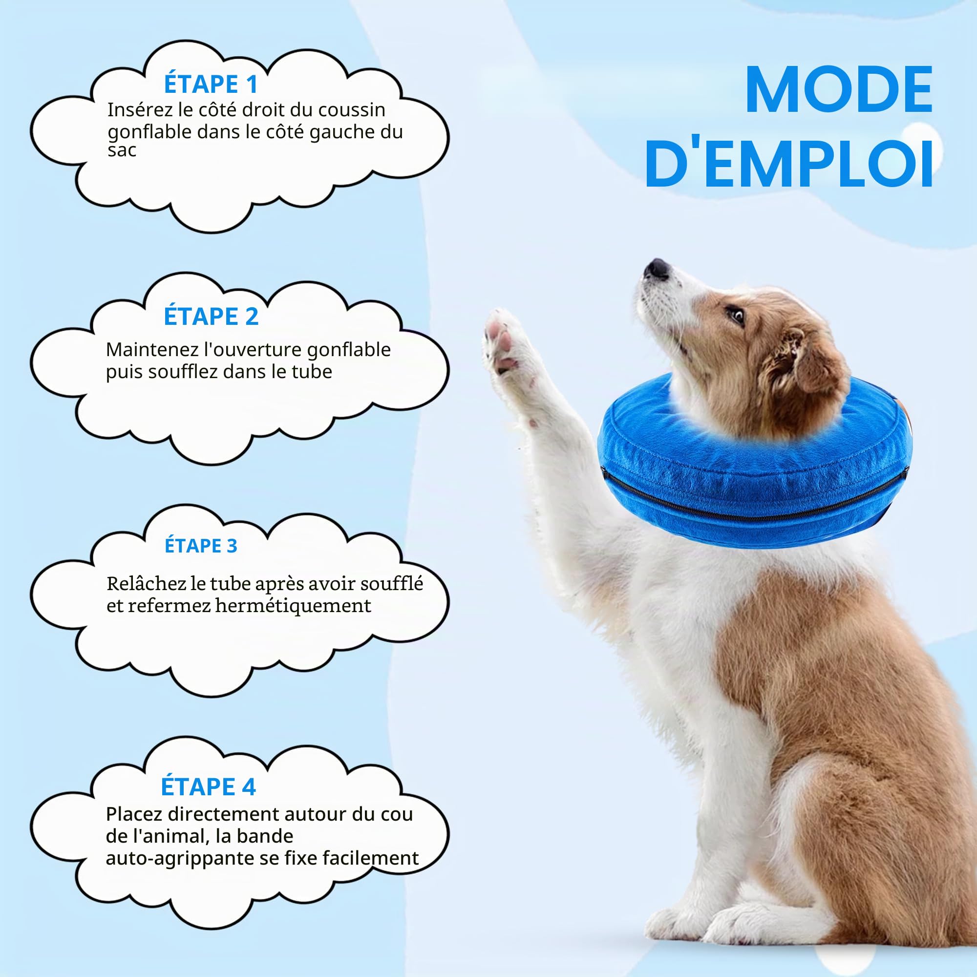 Collerette Gonflable pour Chien, Ajustable Collier de Récupération Chat Cône de Cicatrisation pour Chien Collier de Protection pour Anti Lechage & Morsure Après Une Chirurgie (Bleu, XL)