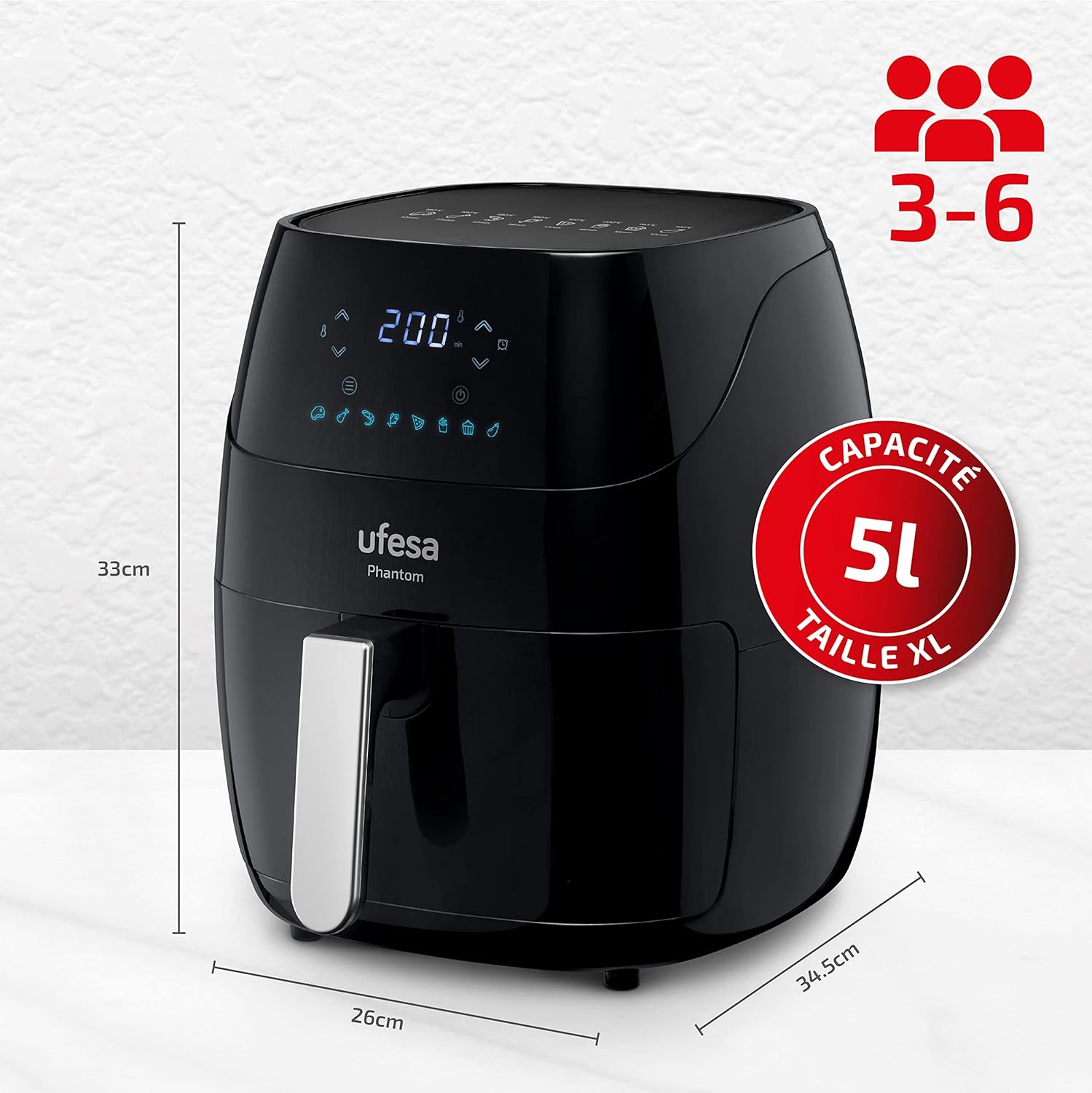 Ufesa AF5000 Phantom Air Fryer with dimensions