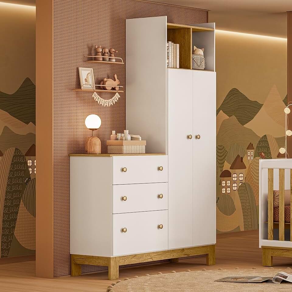 Guarda Roupa Infantil com Cômoda 2 Portas 3 Gavetas Flora 4970 Branco Acetinado Qmovi