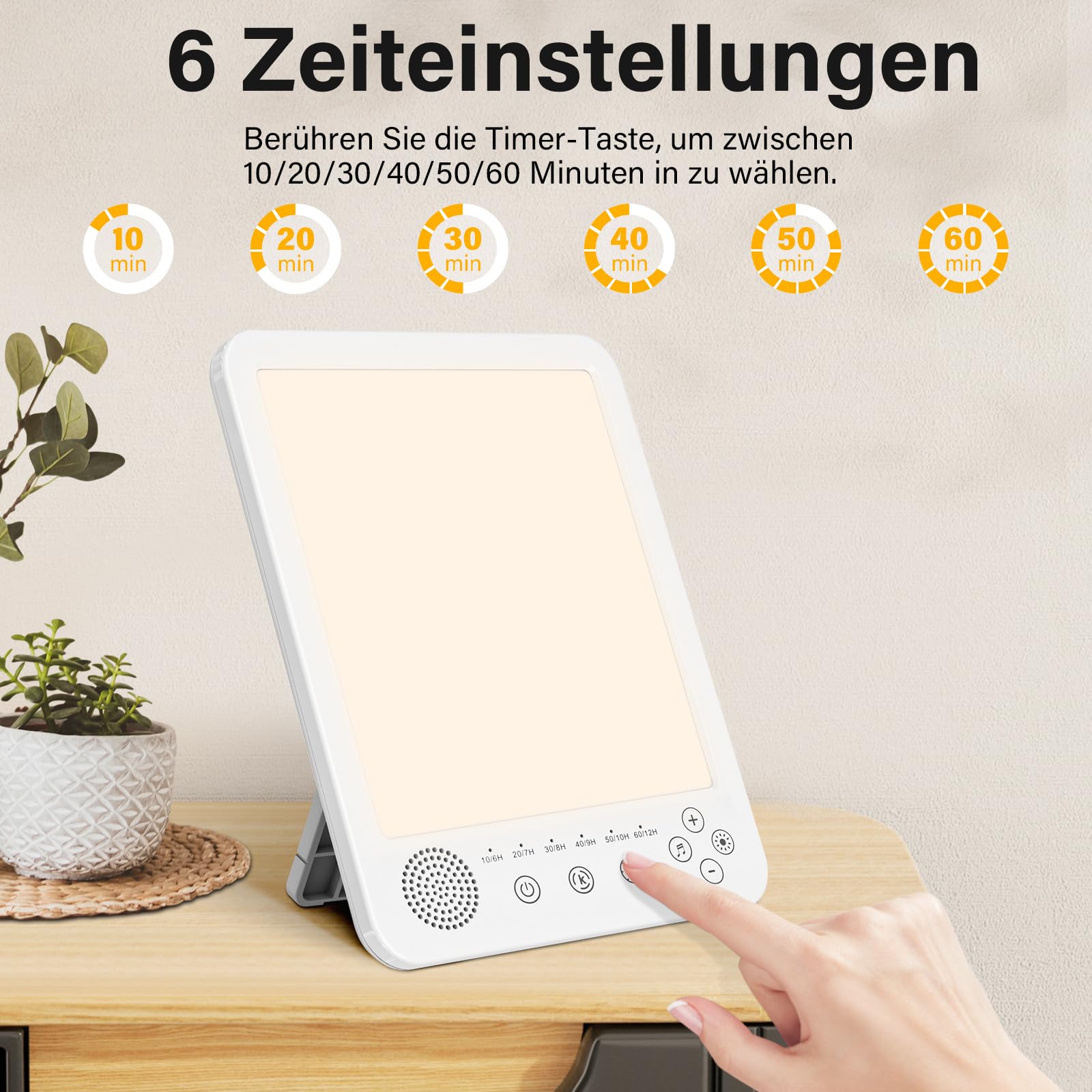 Tageslichtlampe 10,000 Lux Lichttherapielampe mit 13 Weißes Rauschen, 3 Farbtemperaturen, 5 Helligkeitsstufen & 6 Timer, Sonnenlicht lampe Tageslichtleuchten mit Memory-Funktion, UV-Frei