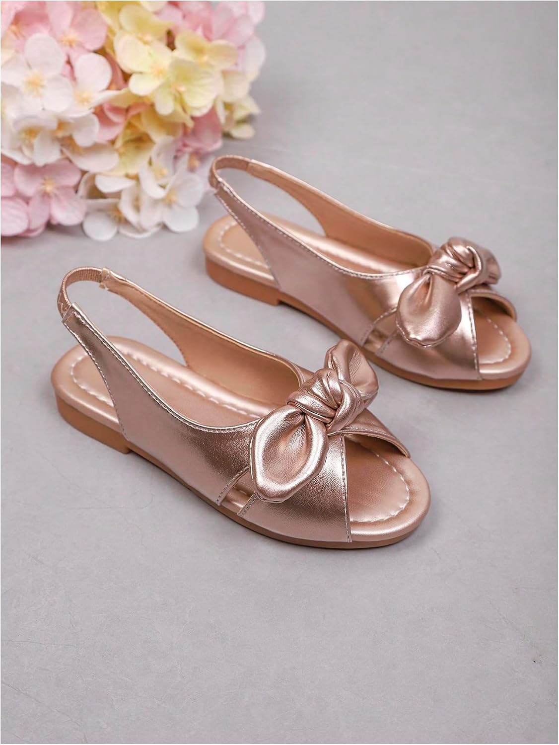 GORGLITTER Girl's Sandals Bow Slip on Gold Dressy Flats Open Toe Ankle Strap Cute Summer Wedding Beach Sandals 2026