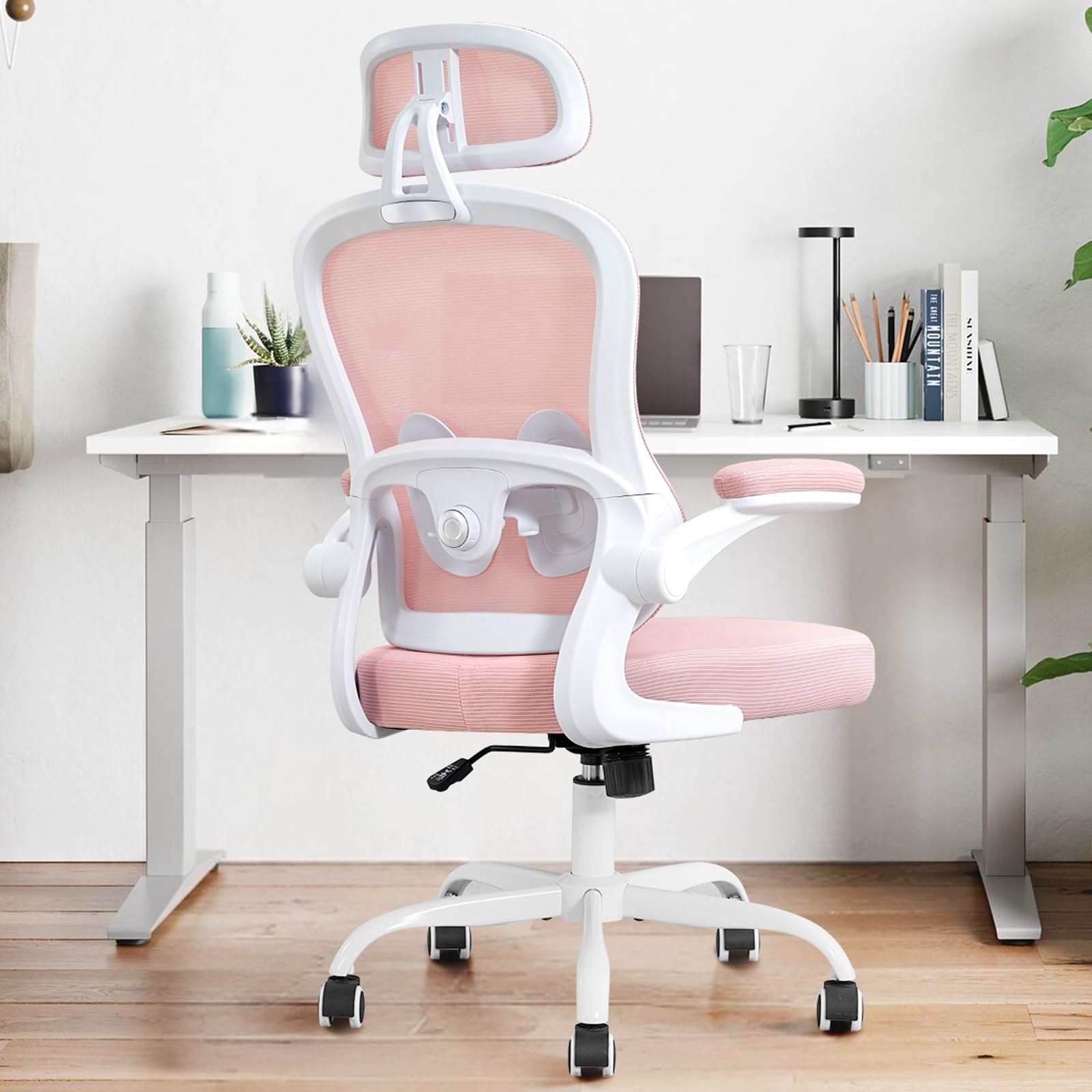 Photo 1 of TUKAKA Ergonomic Office Chair,Ultra Thick Office Desk Chair with Adjustable Lumbar Support and Headrest,Spring Cushion,Rocking Function,Flip-up arms,Mesh Computer Chair for Home Office,Pink